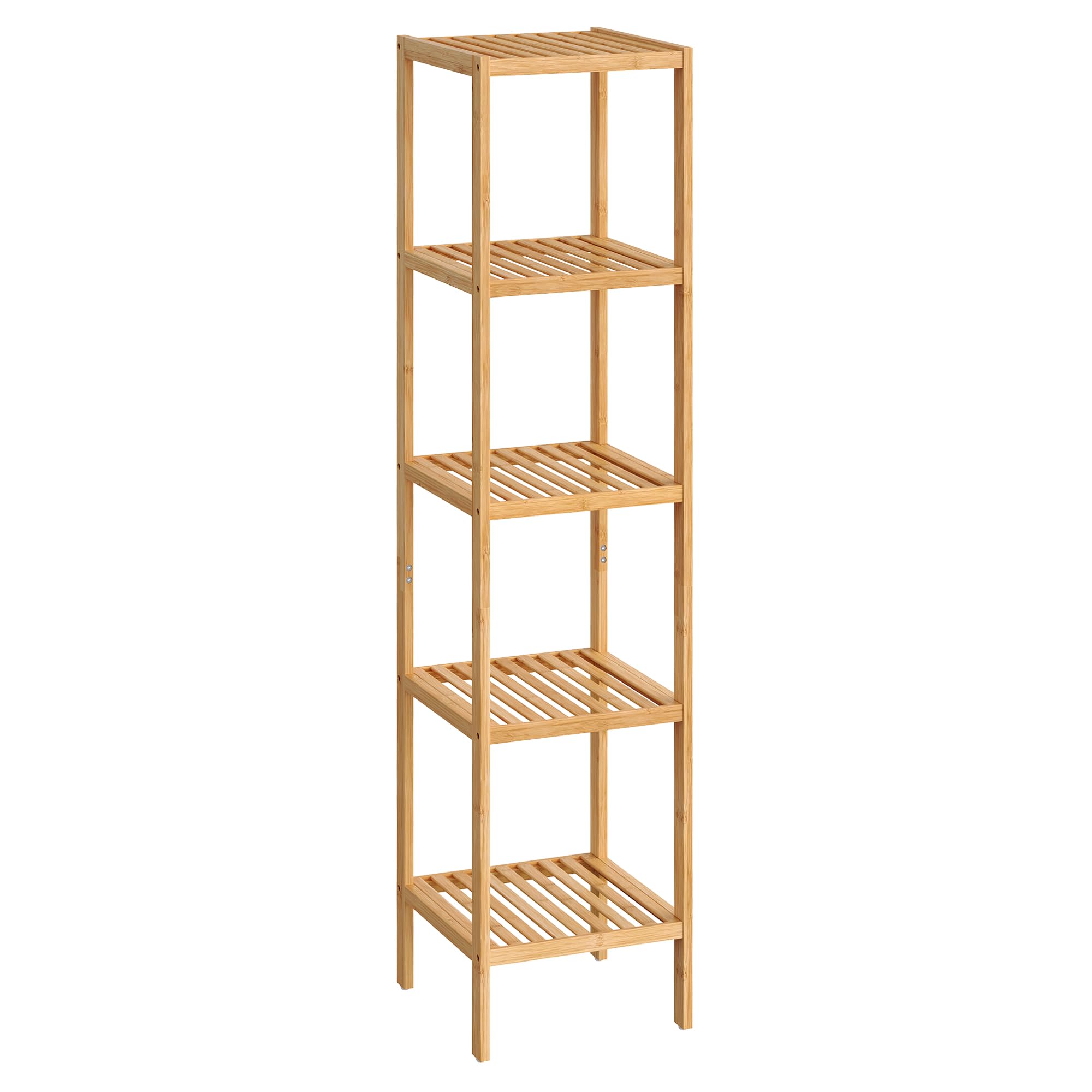 SONGMICS Bamboo Storage Shelf, 5-Tier Shelving Unit, Multifunctional, in the Entryway, Bathroom, Living Room, Balcony, Kitchen, 13 x 13 x 57.5 Inches, Light Bamboo UBCB55Y