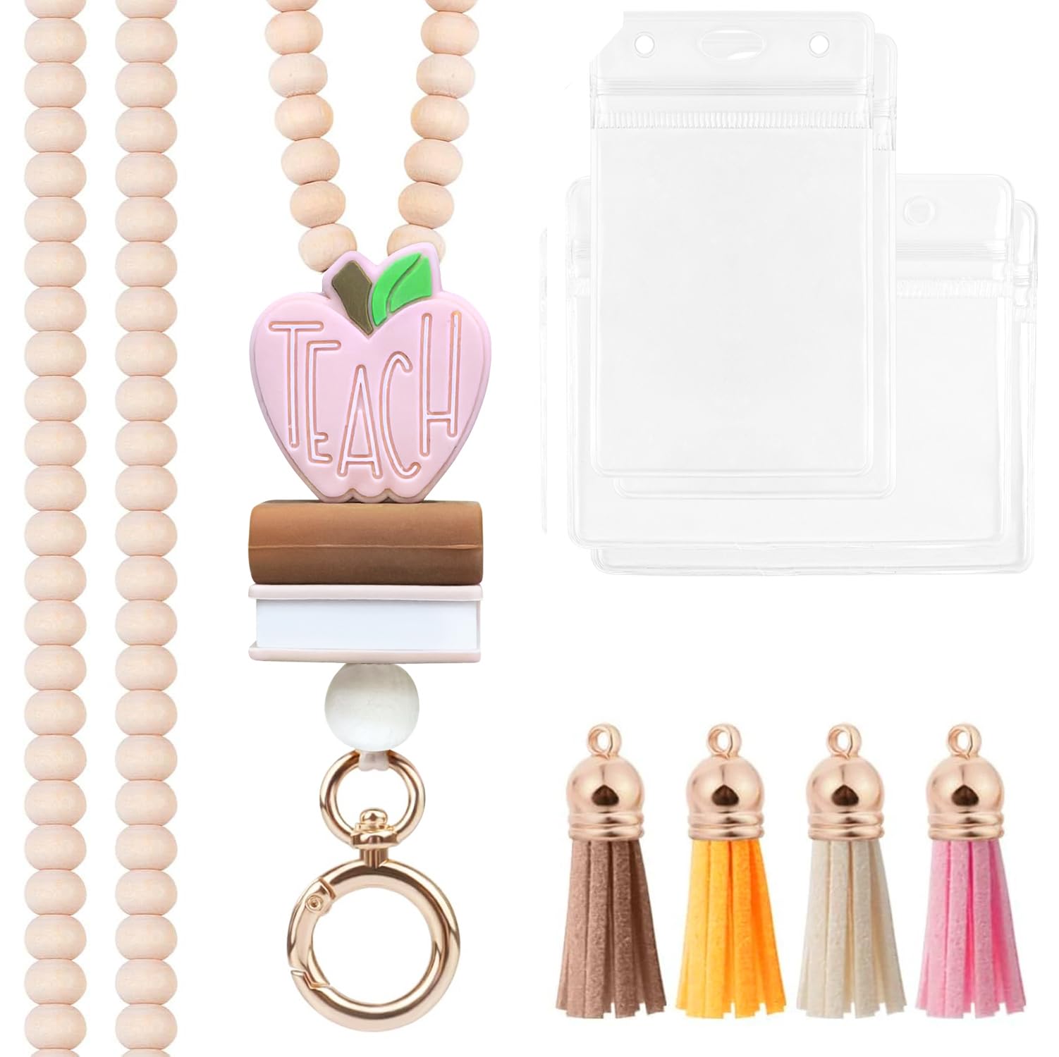 Idefair Badges Lanyard with ID Holder, Cute Wood Beaded Lanyard for Keys, Teacher Lanyard Fashion Keychain Lanyard for Women (Fashion-05)