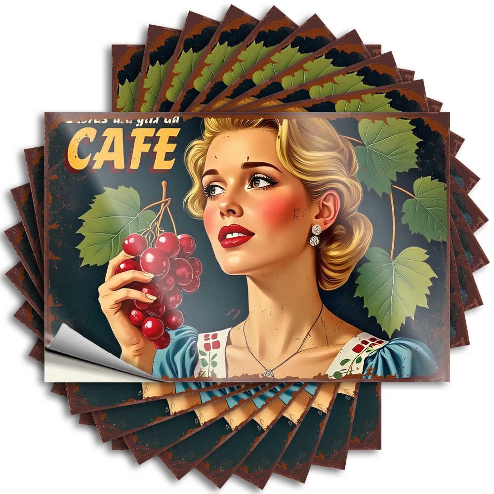Must Decals - Happy Free Window Vintage Cafe Poster with Elegant Woman Holding Grapes(12X18CM)