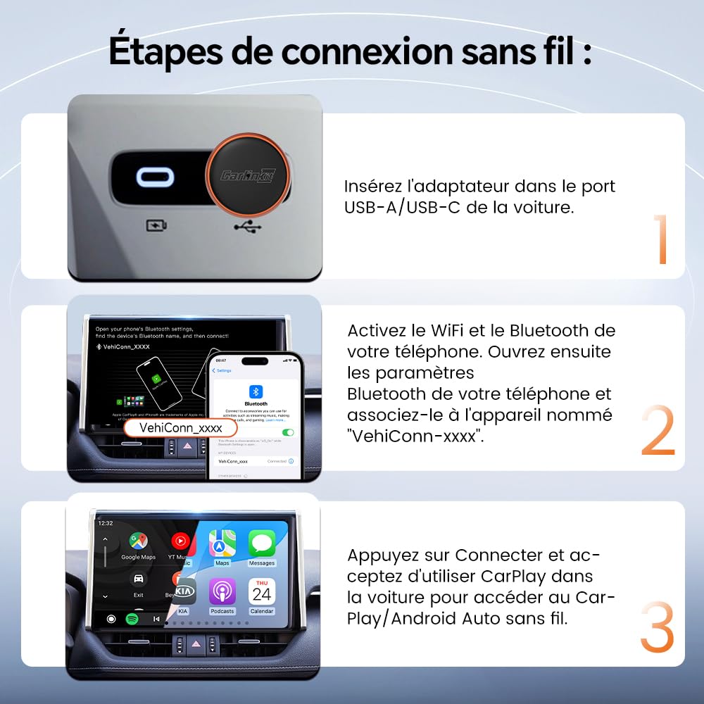 Carlinkit Mini adaptateur CarPlay sans fil Ultra 3 Adaptateur Android Auto sans fil Convertit le câble OEM en USB-A/C sans fil Plug & Play, Connexion automatique, Mise à niveau OTA, Orange