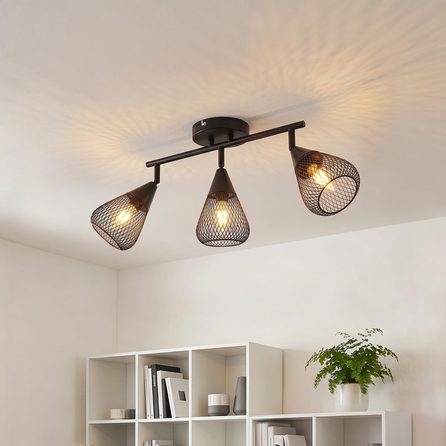 LVWIT 3 Way Spotlights Ceiling Lights, Adjustable Black Kitchen Lights Ceiling E14, Vintage Cage Light Fittings, Metal Spot Lights for Living Room Bedroom Hallway Dining Room, Bulb Not Included