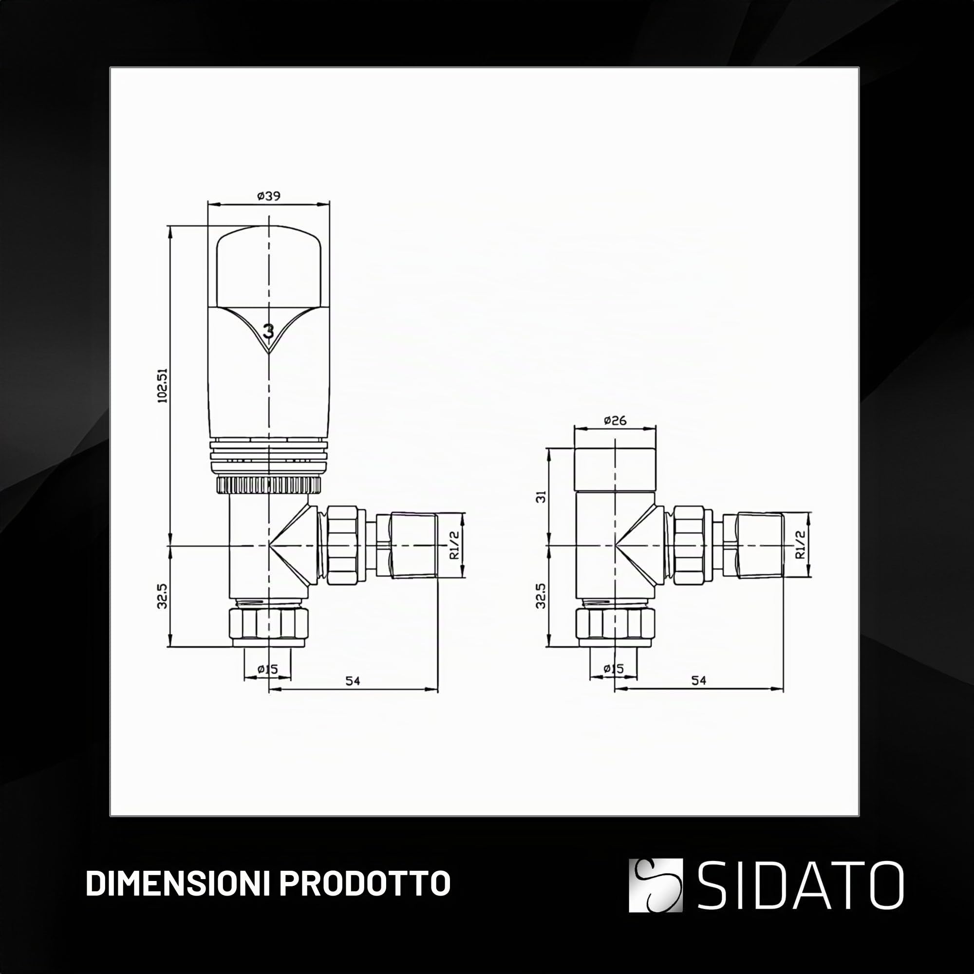 Caldo - Set di valvole termostatiche per radiatore verticale, valvole per radiatore angolate con valvola TRV angolare e detentore