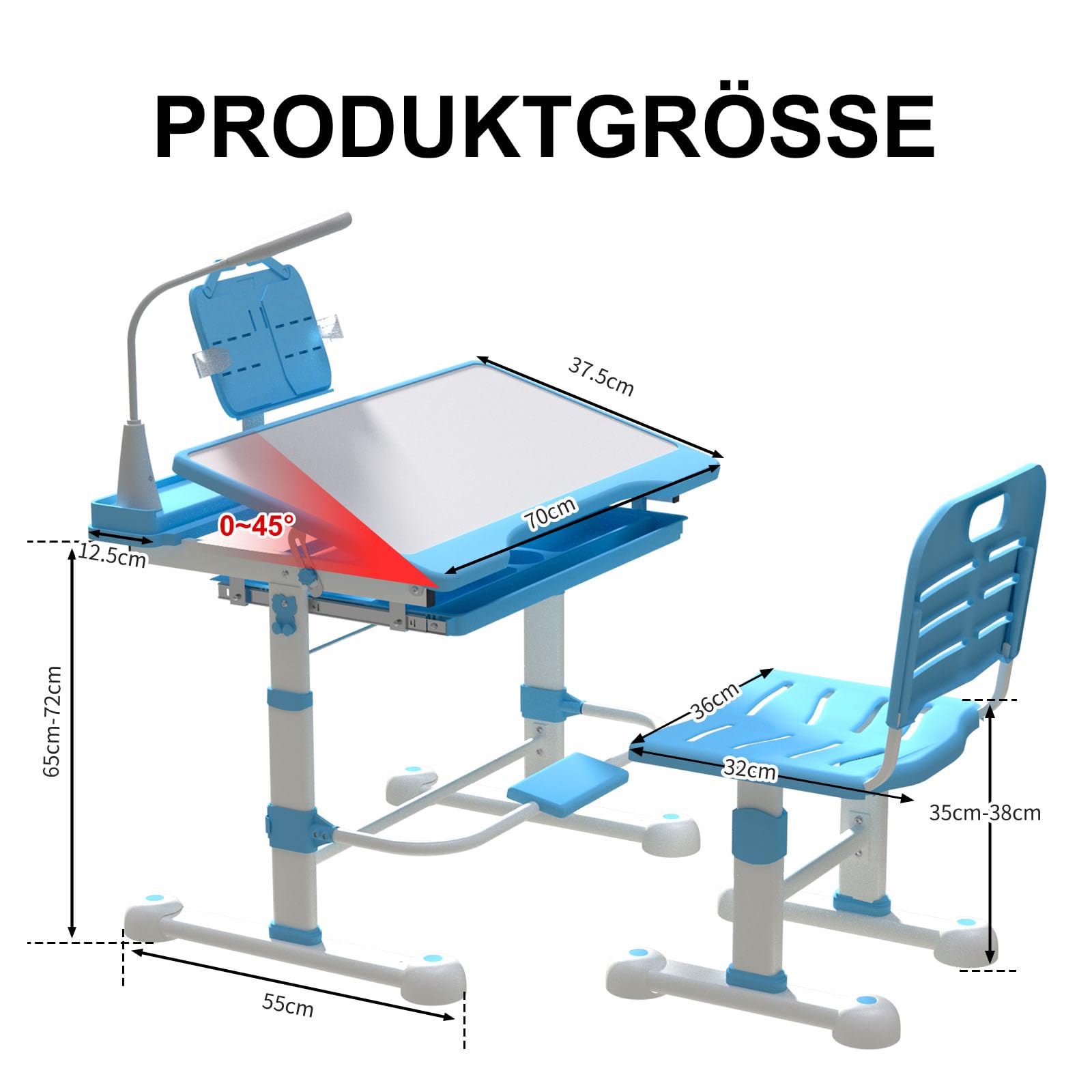 Kinderschreibtisch höhenverstellbar,Schülerschreibtisch Jugendschreibtisch mit Schublade Schreibtisch Kinder mit neigbarer Tischplatte für 3-12 Jahre Kinder (Blau-L)