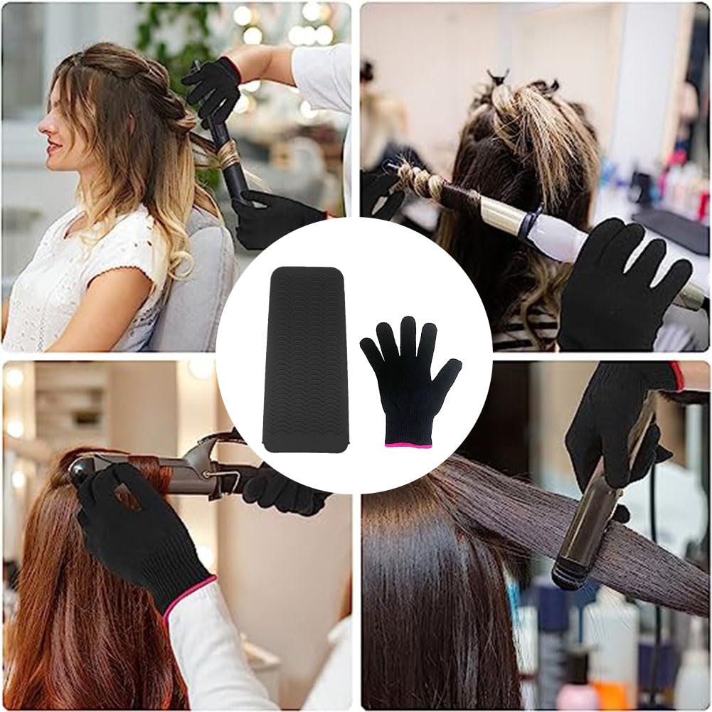 Tokaneit Gants Résistants à la Chaleur,Gants de Coiffure Résistants à la Chaleur,Coussin D'isolation Thermique en Silicone,Coussinets Isolants,Coussinet en Silicone et Gants de Coiffure 2 Pièces