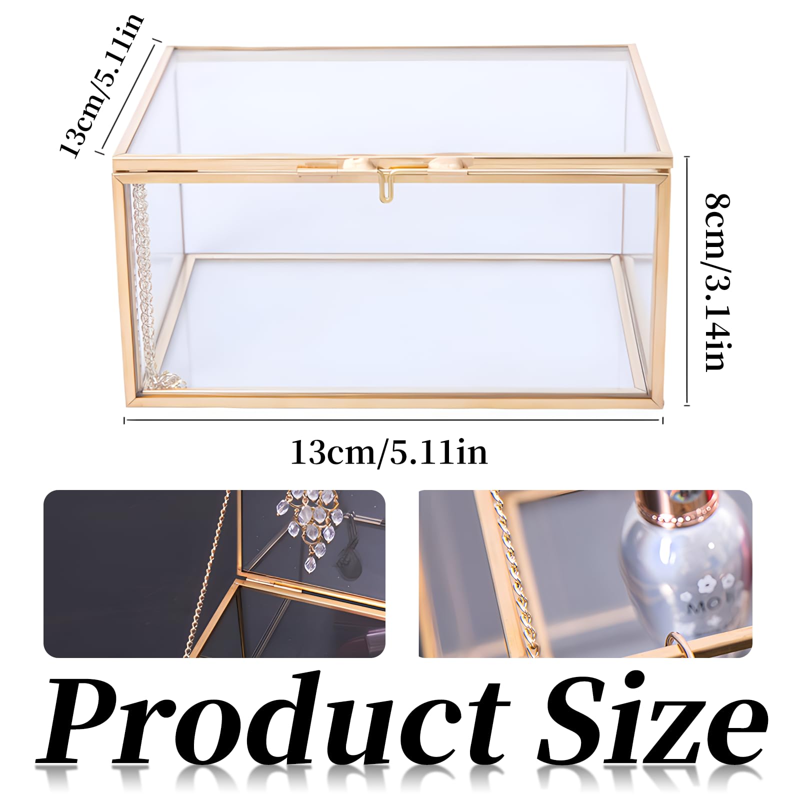 Boîte à Bijoux En Verre 10x10x5cm - Vitrine Transparente Dorée Pour Bagues, Collier