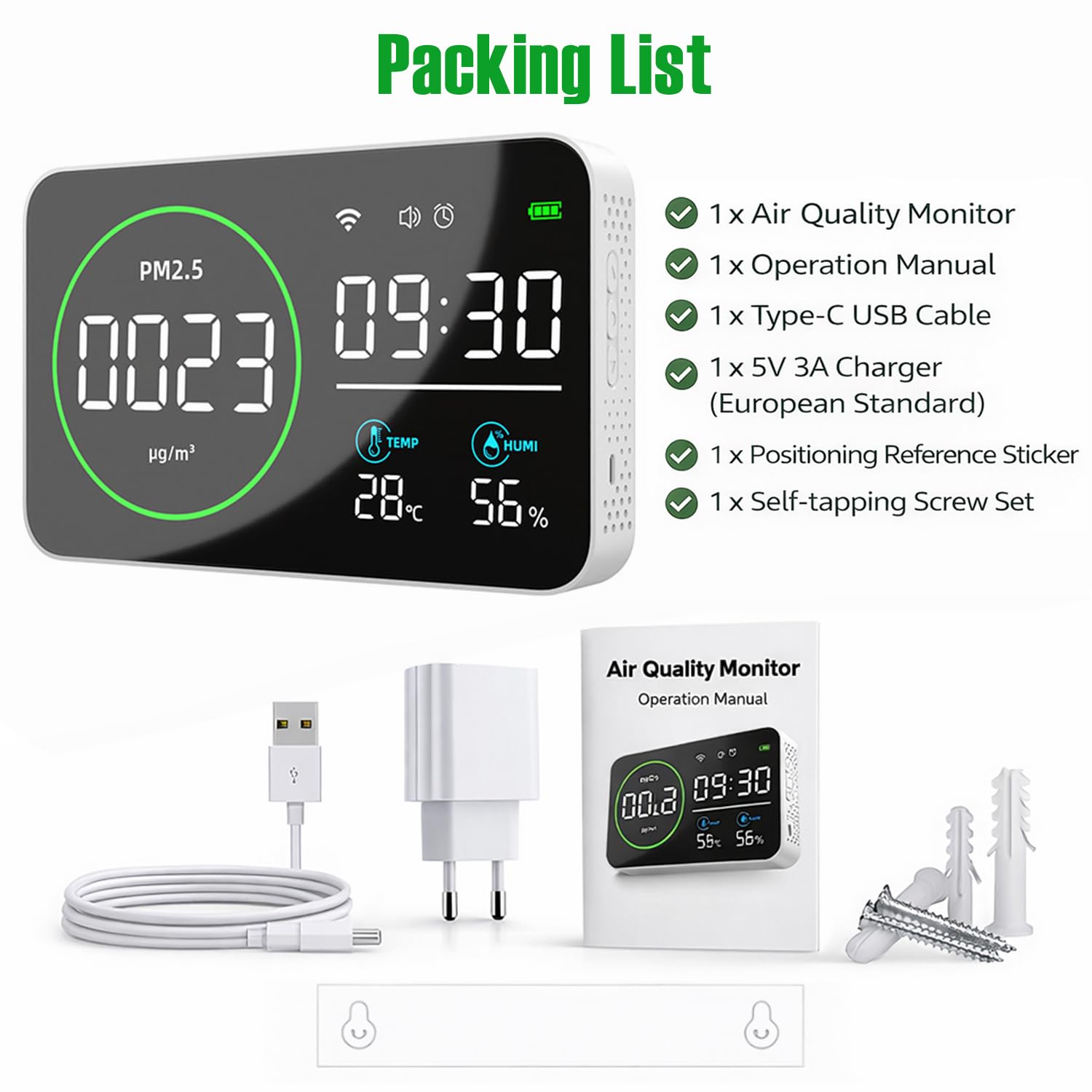 ‌LYCEBELL Medidor de Calidad de Aire Interior con WiFi y App Tuya Smart - Detecta Partículas PM2.5, Temperatura y Humedad en Tiempo Real con Alarma y Registro, para Hogar, Oficina y Dormitorio‌