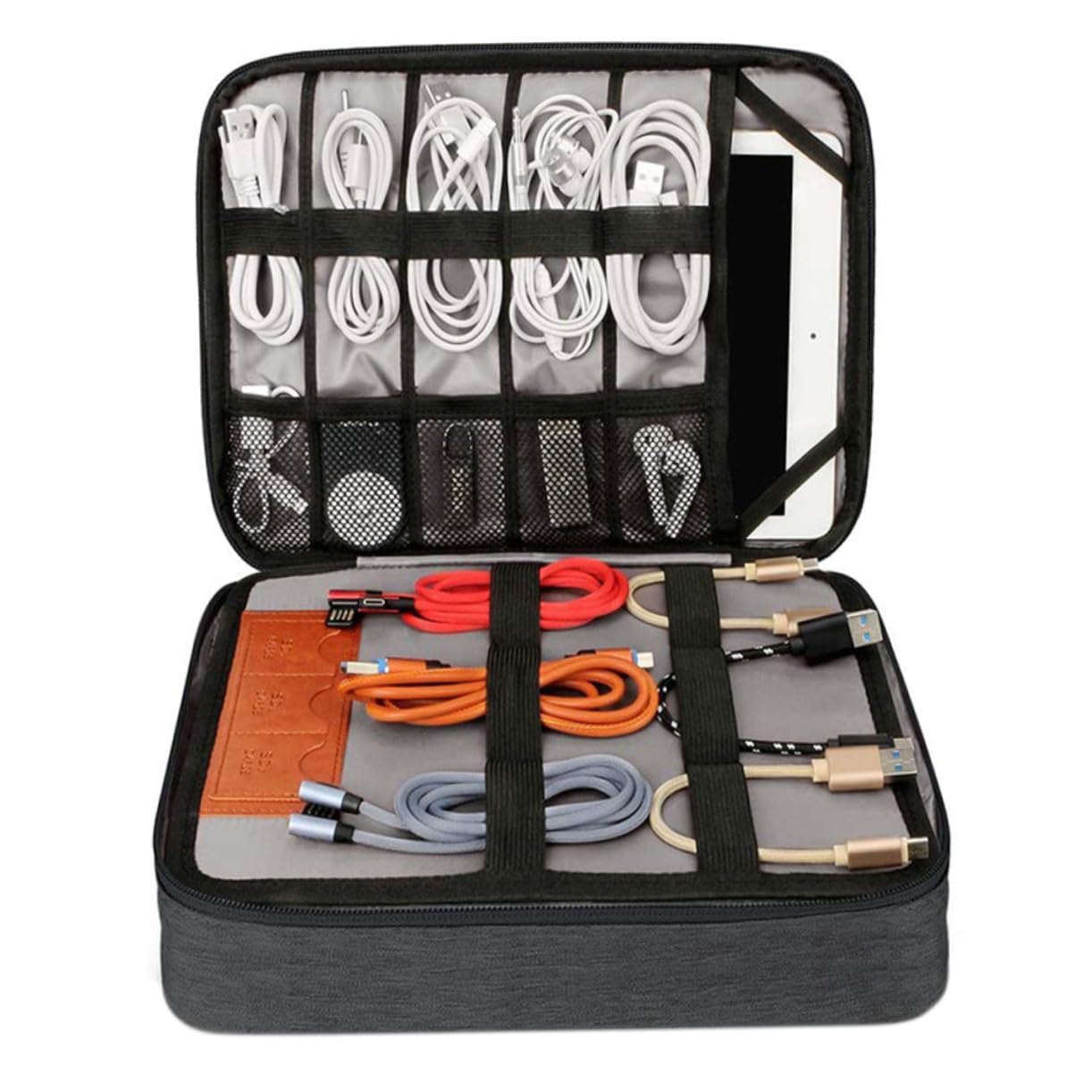 POPETPOP Borsa Organizer Cavi Elettronici Doppio Grande Capacità con Tasche per Telefoni e Tablet Fino Custodia Leggera da Viaggio con Manico Adatta per Accessori Digitali e Caricatori