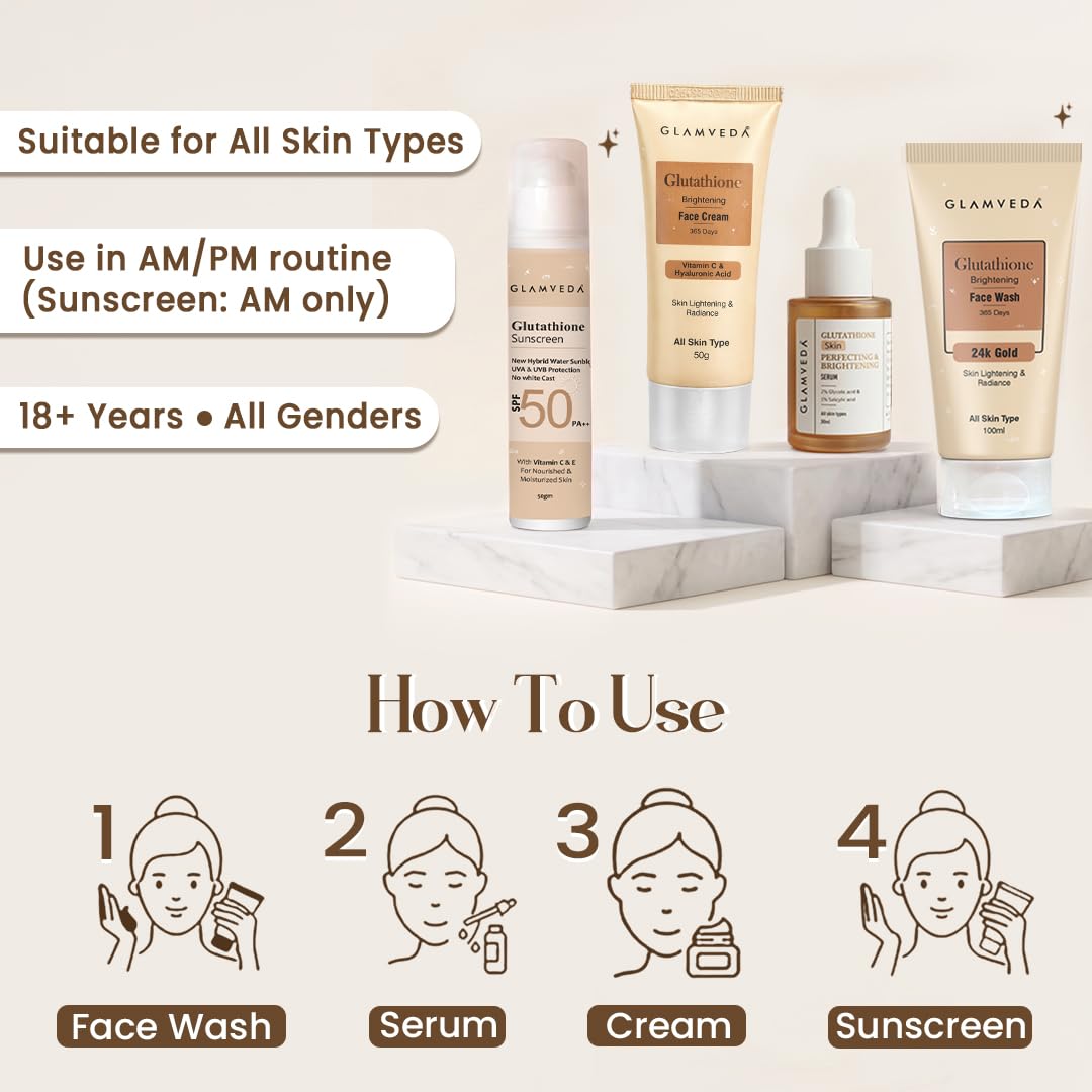 Glamveda Glutathione 4-Step Skincare Routine For Healthy & Radiant Skin | Skin Brightening and Lightening Combo (Facewash + Facecream + Faceserum + Sunscreen) 3