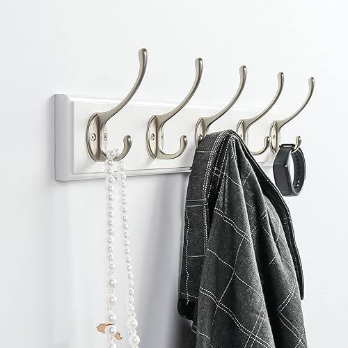 Miniatura 8 de JYL HOME Perchero de bambú montado en la pared, 5 ganchos dobles, ganchos rústicos para colgar abrigos, chaquetas, ropa, sombreros, ganchos
