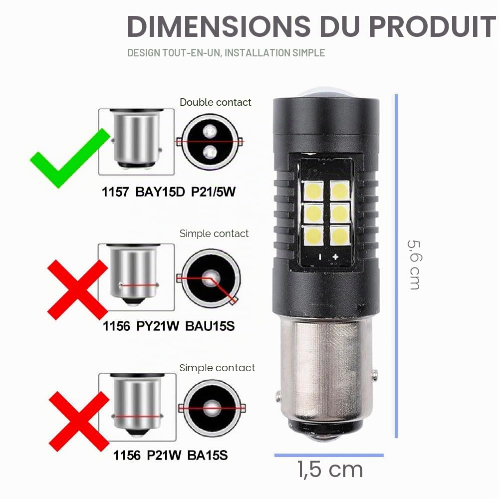 LED Drl Feux de jour Ampoules pour Jee.p Renegade (BU,Bi) 2014- Paire de 21 LED P21W BAY15D Lumière du jour, Drl Lumières allumées toute la journée P21/5W feuxLed Lumière de stationnement