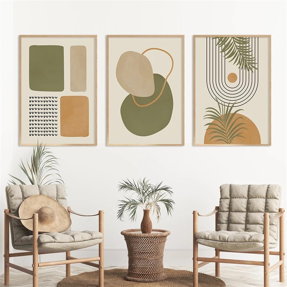 WUHBCZ Art Pictures-Boho Green Beige Geometric Leaves Abstract Poster Print Mid Century Canvas Painting Wall Art Pictures for Living Kitchen Room Home Decor-50 * 70cm/3PCS (No Frame)