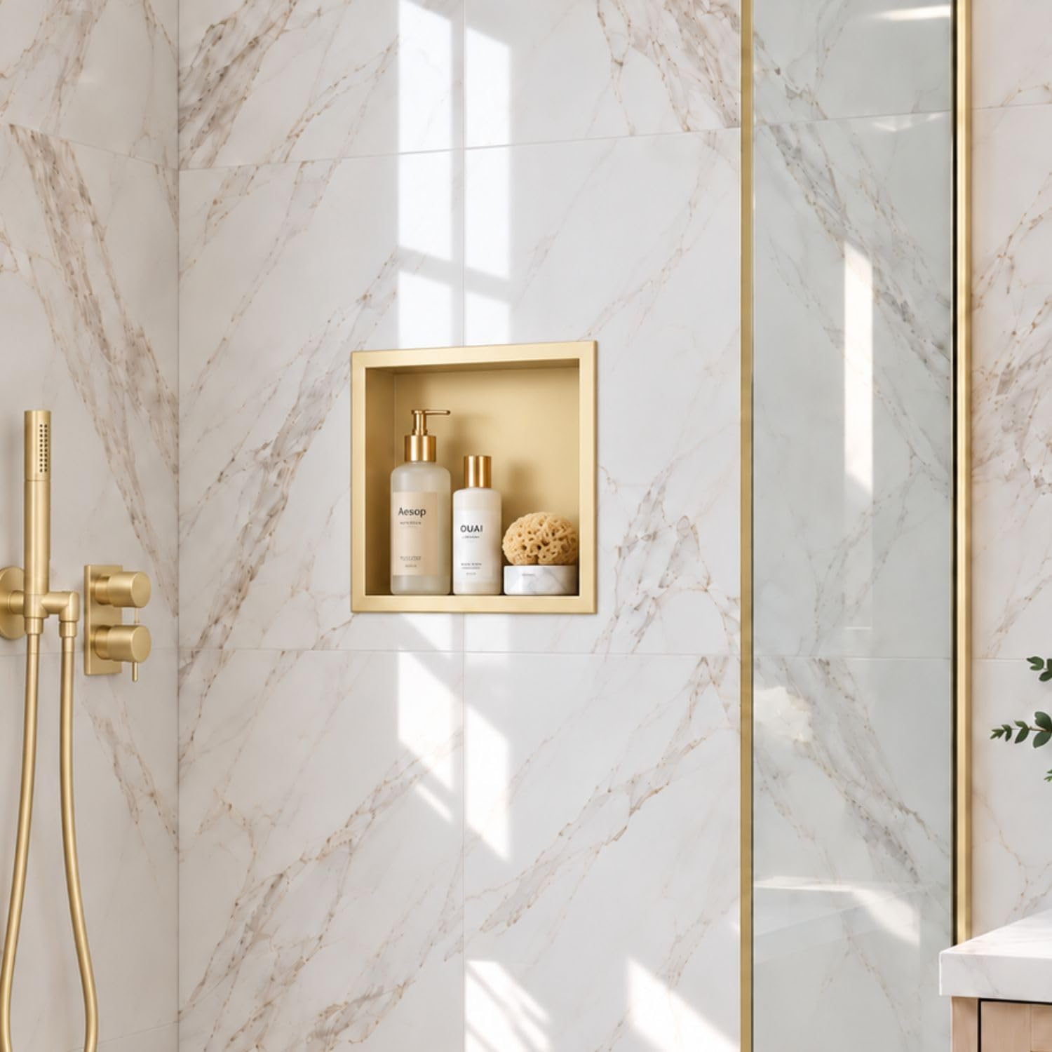 14 x 12 Inch Stainless Steel Shower Niche, No Tile Needed Wall Niche, Recessed Wall Niche Insert for Bathroom Shower Kitchen Storage, Brush Gold