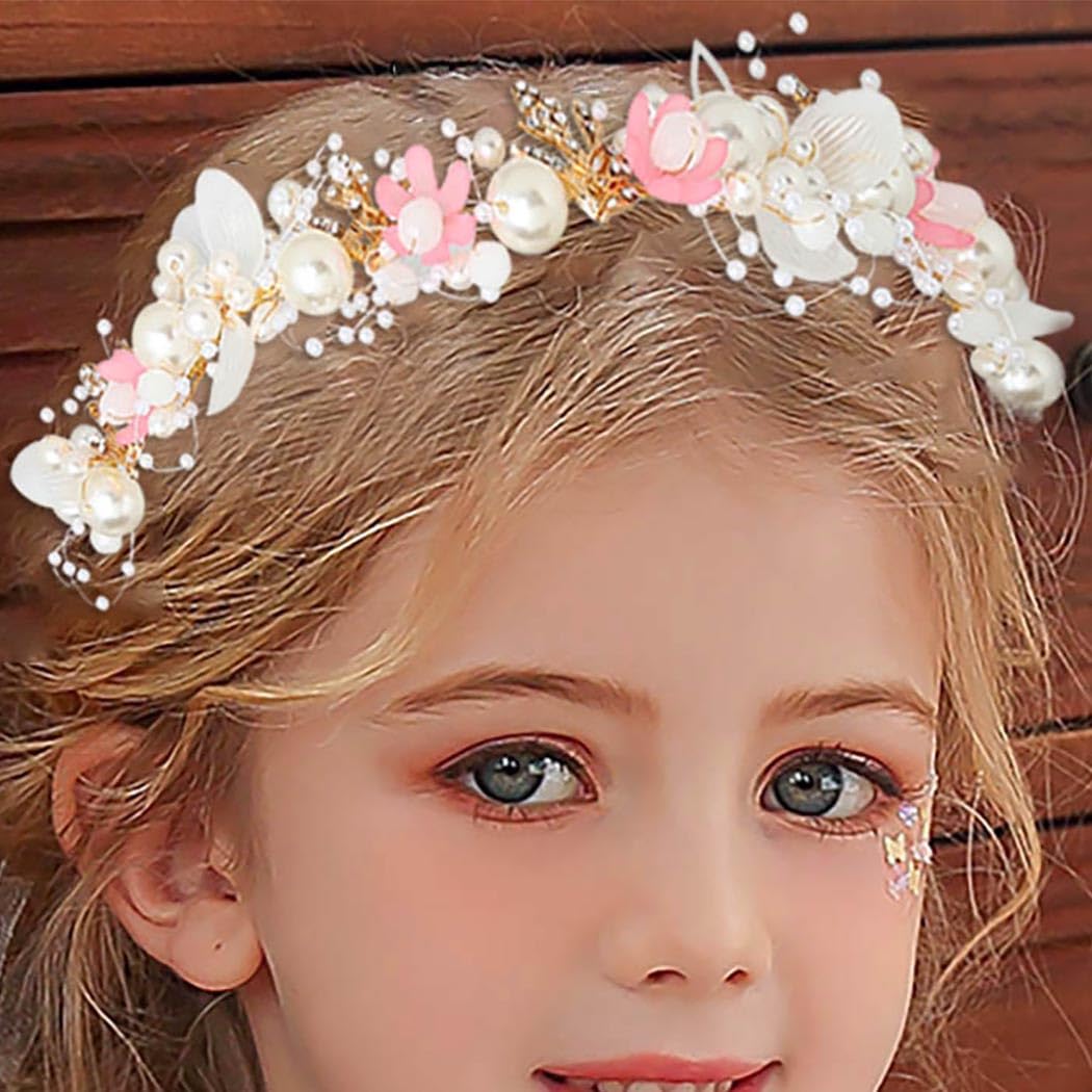 Campsis Wedding Flower Girl Headpiece, Pink Pearl Bridal Headband, Floral Crystal Prom Hair Accessories for Girls(Pink)