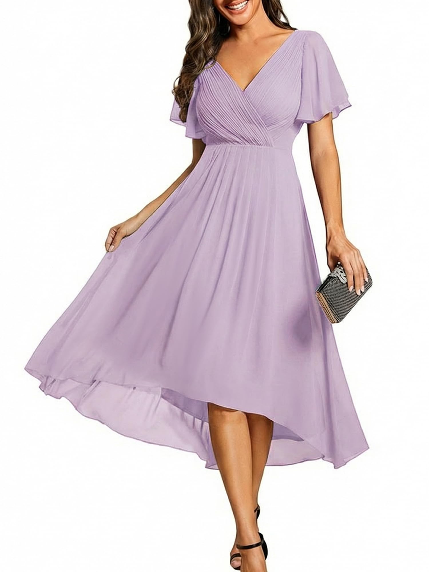 Ever-Pretty Women's Summer Chiffon Formal Wedding Guest Dresses Pleated V-Neck Short Sleeves Cocktail Dress 01923
