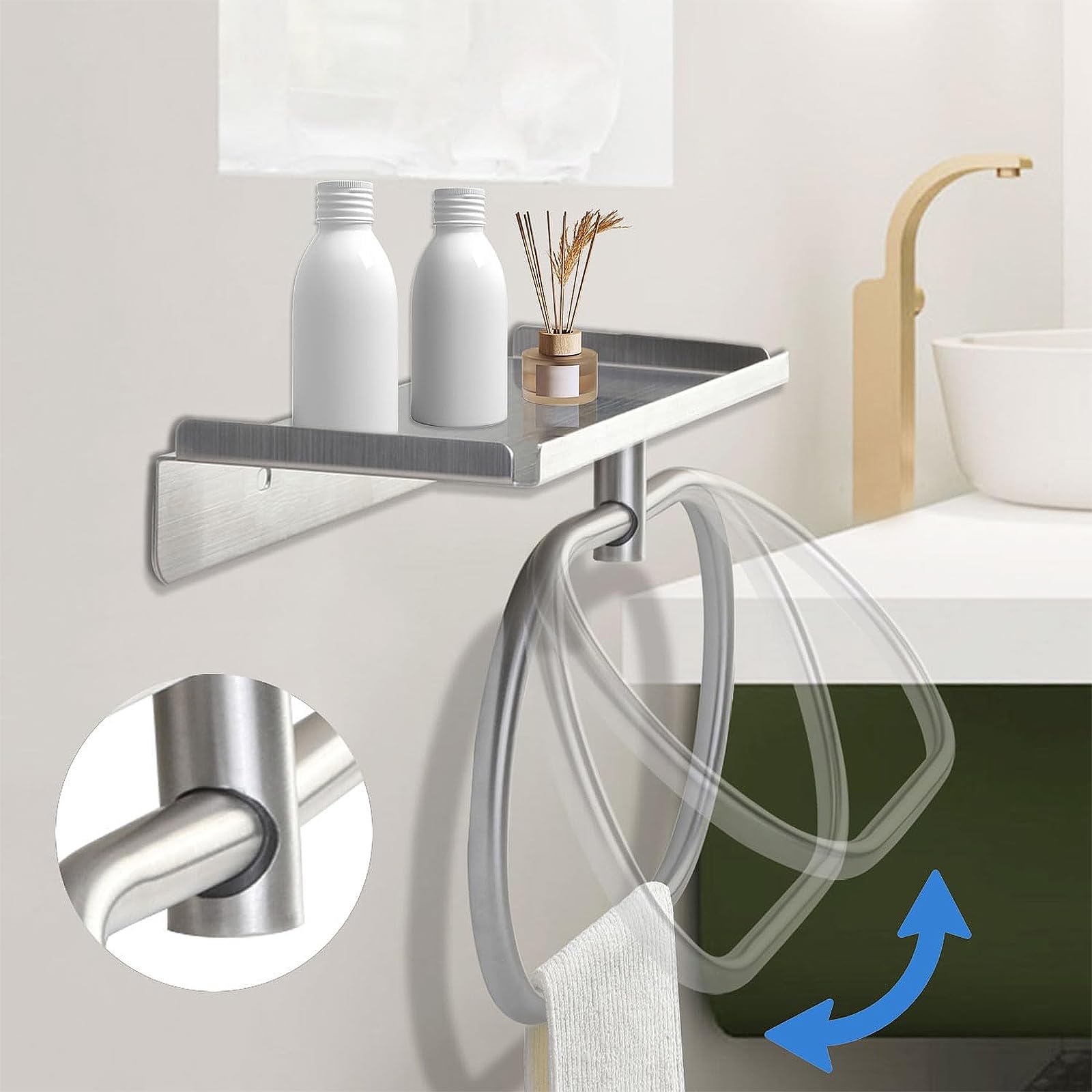 Anillo de Toalla de Acero Inoxidable 304, Toallero de Anilla Montaje en Pared, Autoadhesiva Toallero sin Taladrar, Toallero Cepillado para Baño, Cocina, Sala de Estar y Dormitorio (Plateado)