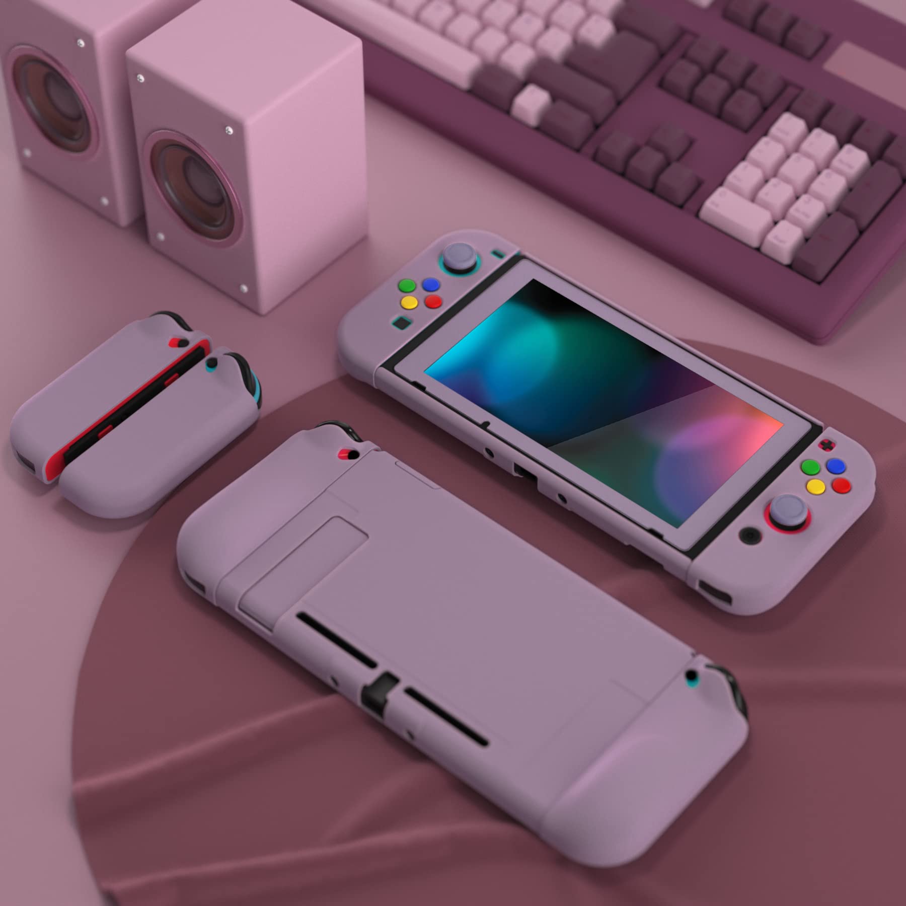 PlayVital Etui Ochronny do Nintendo Switch z Osłoną Ekran,Case Hard Shell do Switch,AlterGrips Ergonomiczna Protective Cover z Kciuka Caps&Caps Przycisków-Ciemnoszary Fiolet