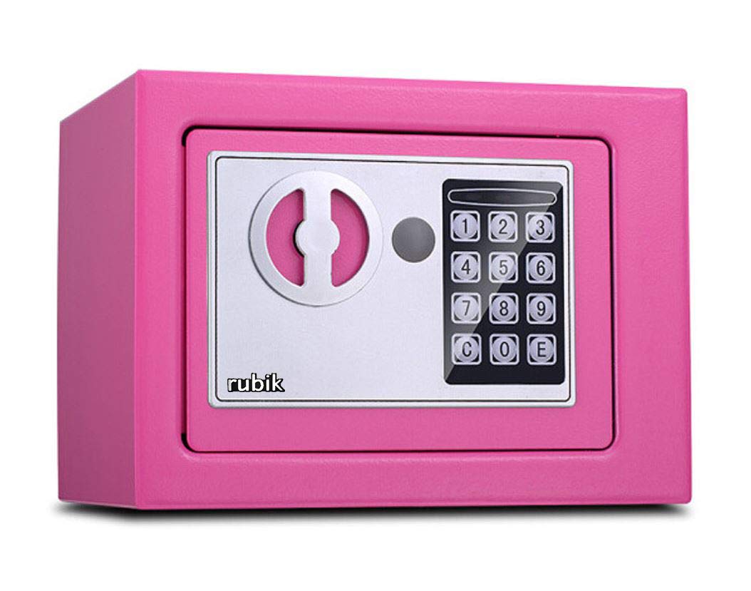 Rubik Mini Electronic Digital Security Safe Deposit Box With Electronic Keypad Lock and Physical Key For Home Office Hotel Jewelry Passport Watches Cash Storage (Pink)