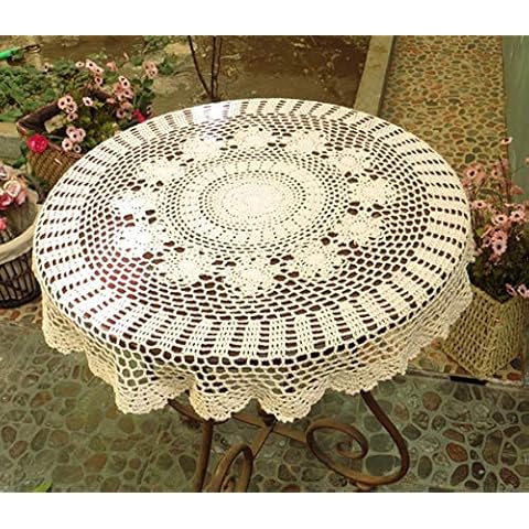 Damanni Beige Cotton Handmade Crochet Lace Tablecloth Doilies Table Overlay,Round,31 Inch Cover