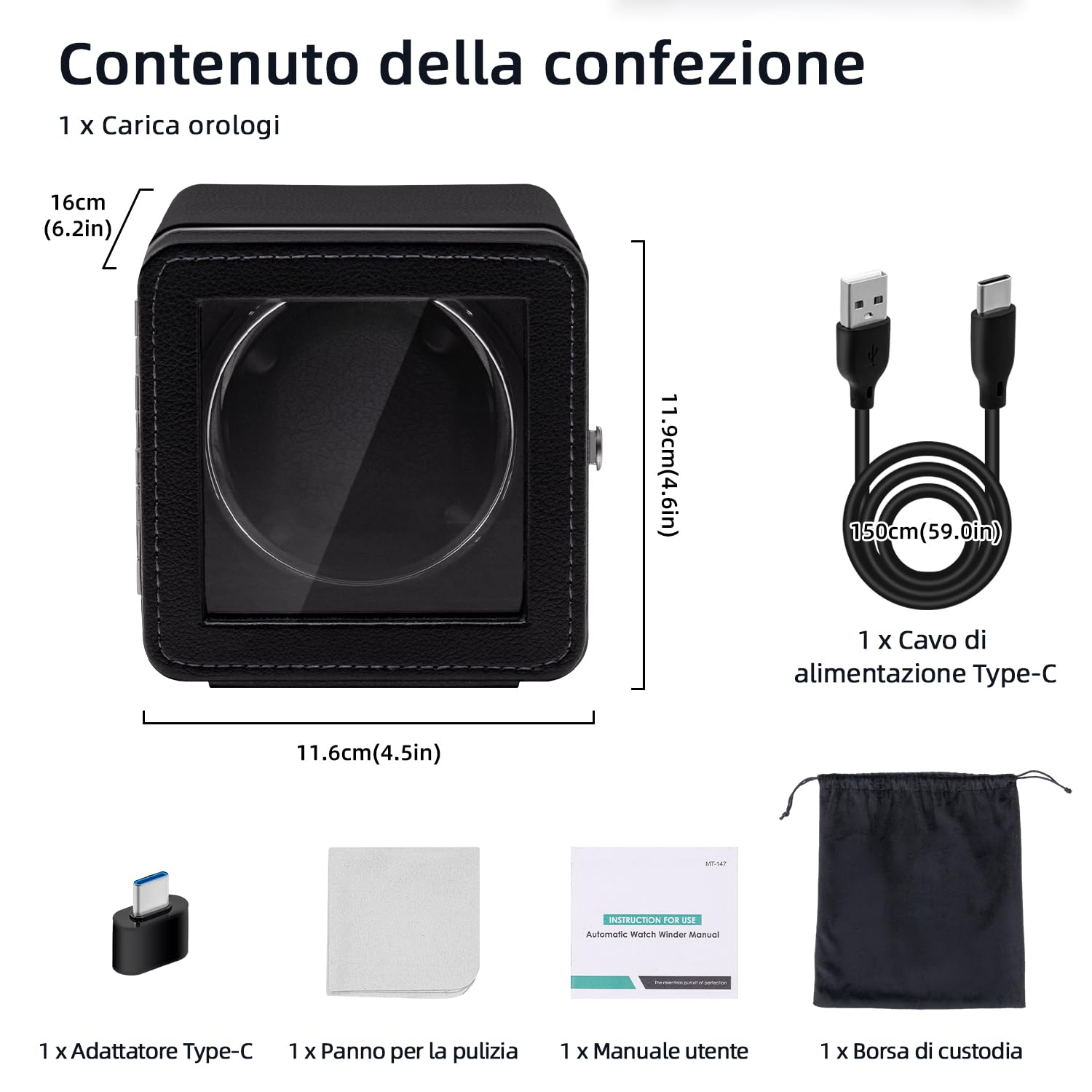 Mcbazel Carica Orologi Automatico Rotante, Elegante Scatola Carica Orologi Automatica Singola con Motore Silenzioso, 4 Modalità di Rotazione, Scatola Rettangolare in Pelle PU con Luce LED – Nero