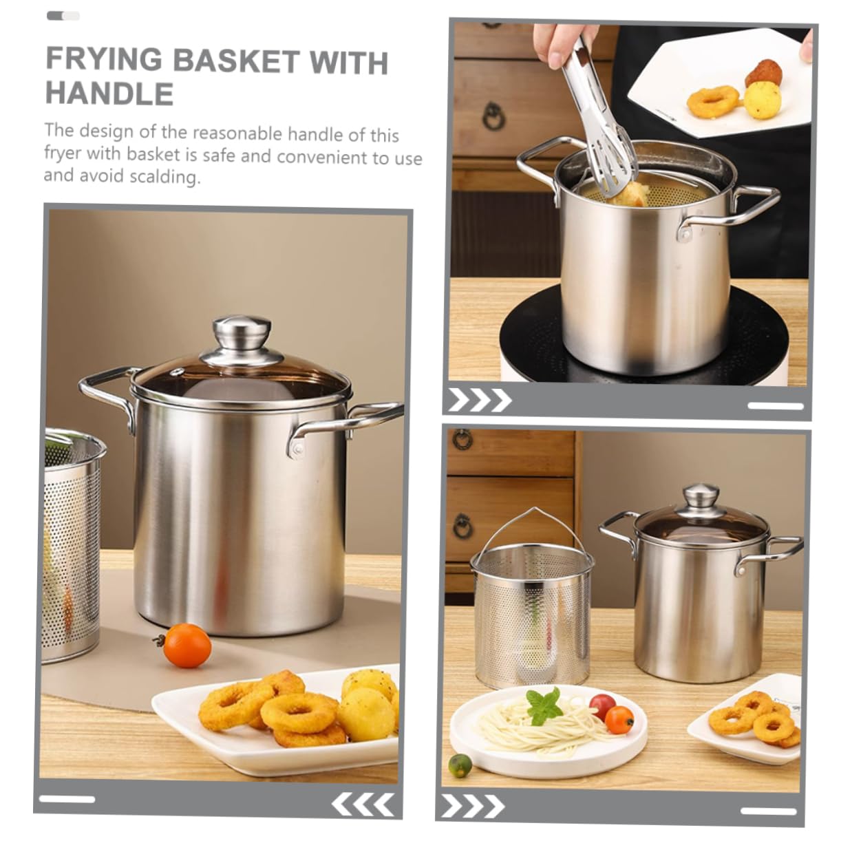 GLEAVI 1Set Stainless Steel Deep Fryer with Fry Basket Heat Resistant Kitchen Frying Pot for Chips Vegetables and Meat Comfortable Non Slip Handle for Safe Use