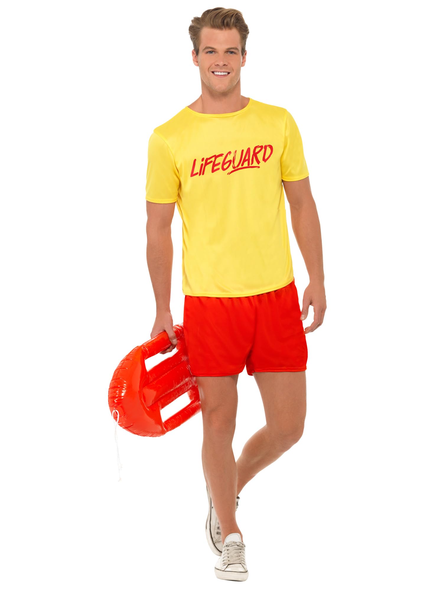 Smiffys Men’s Lifeguard Beach Costume, Yellow T-Shirt with Red Logo & Matching Red Shorts, Fun Summer Fancy Dress Outfit for Beach Parties, Festivals, Group Themes & Stag Nights, Large