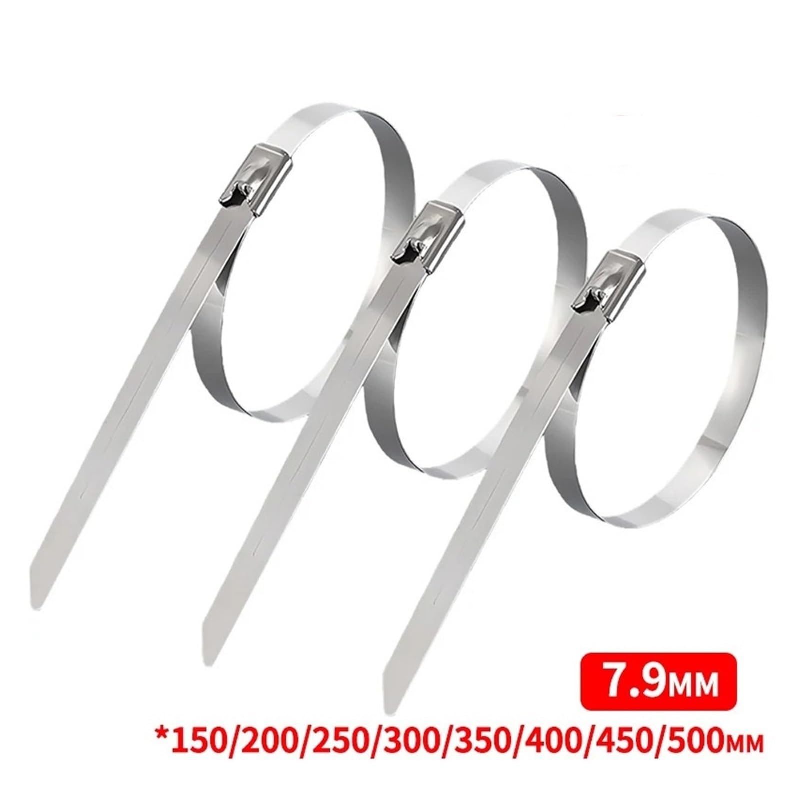 Fascette per cavi per carichi pesanti in acciaio inossidabile 304 da 100 pezzi 7,9 mm, fascette in metallo autobloccanti per cablaggio di passerelle per cavi esterne(7.9x750mm)