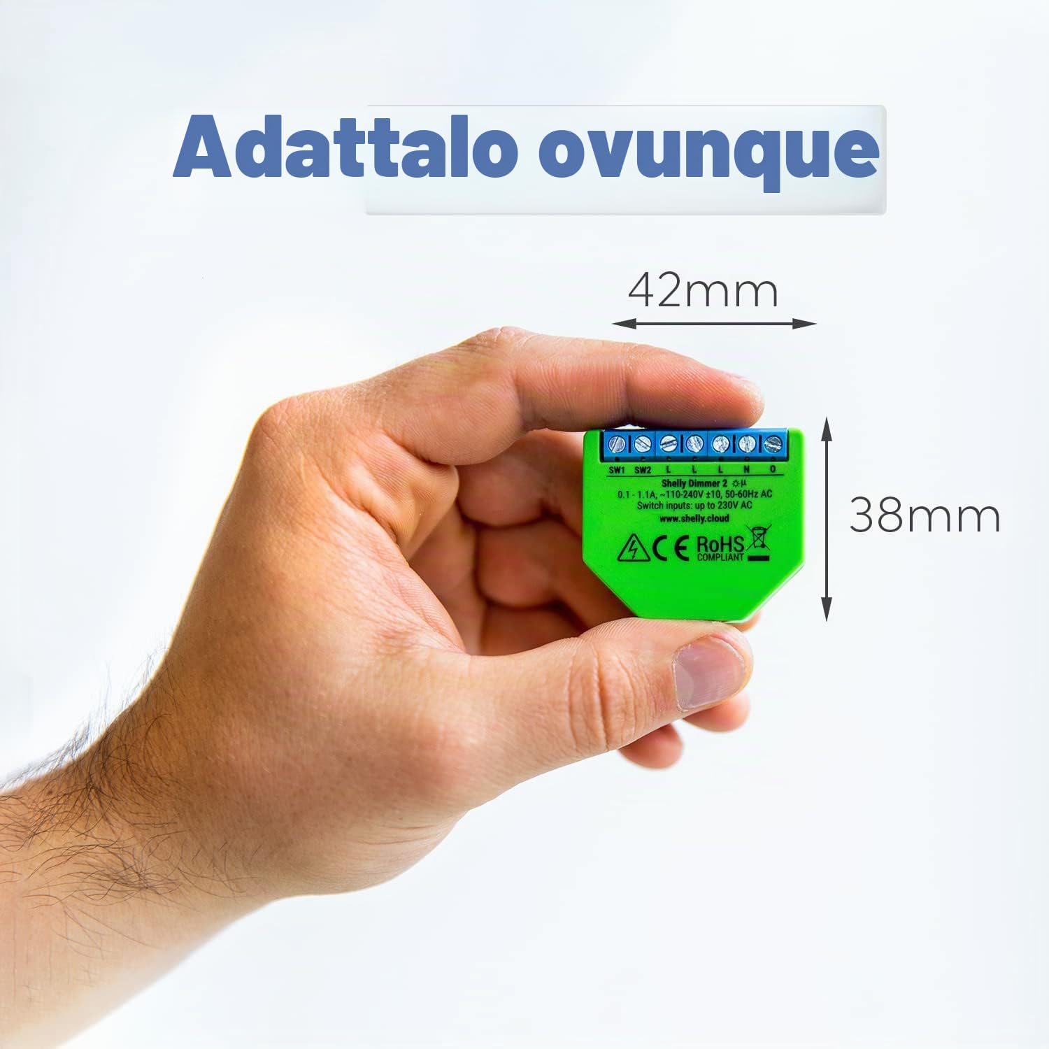 Shelly DIMMER 2 Dispositivo Wi-Fi per il Controllo di Luci Alogene, LED, Trasformatori Ferromagnetici Dimmerabili, Supportati da un’Alimentazione di 110-230V, Verde
