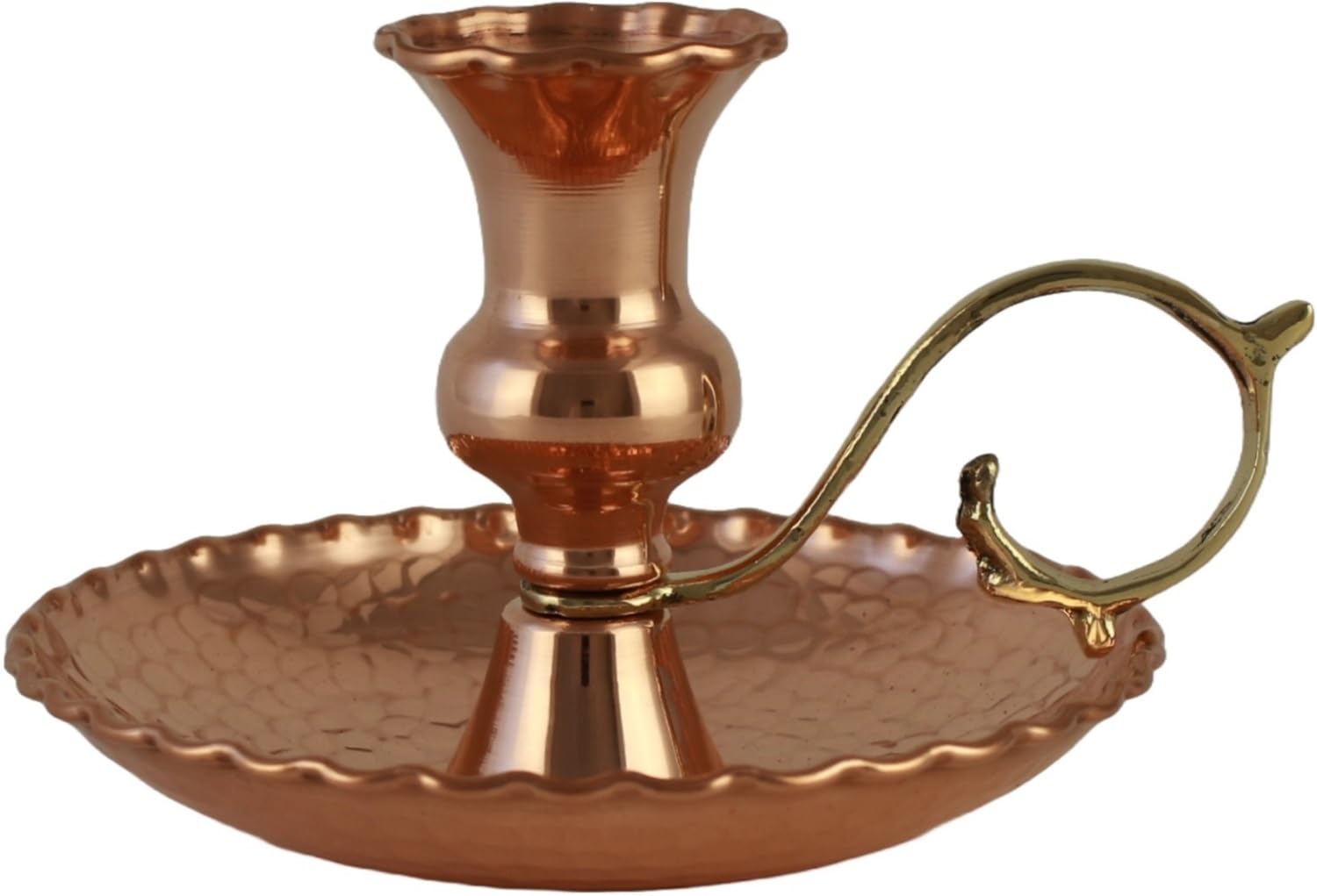DEDE Copper - CH Series - Turkish Hand-Crafted Copper Candlestick Holder, Hammered Copper Chamber Candle Holder with Cast Handle, 5.5 Inch Dia Round Candle Holder Fits Tapered Candle (Shiny)