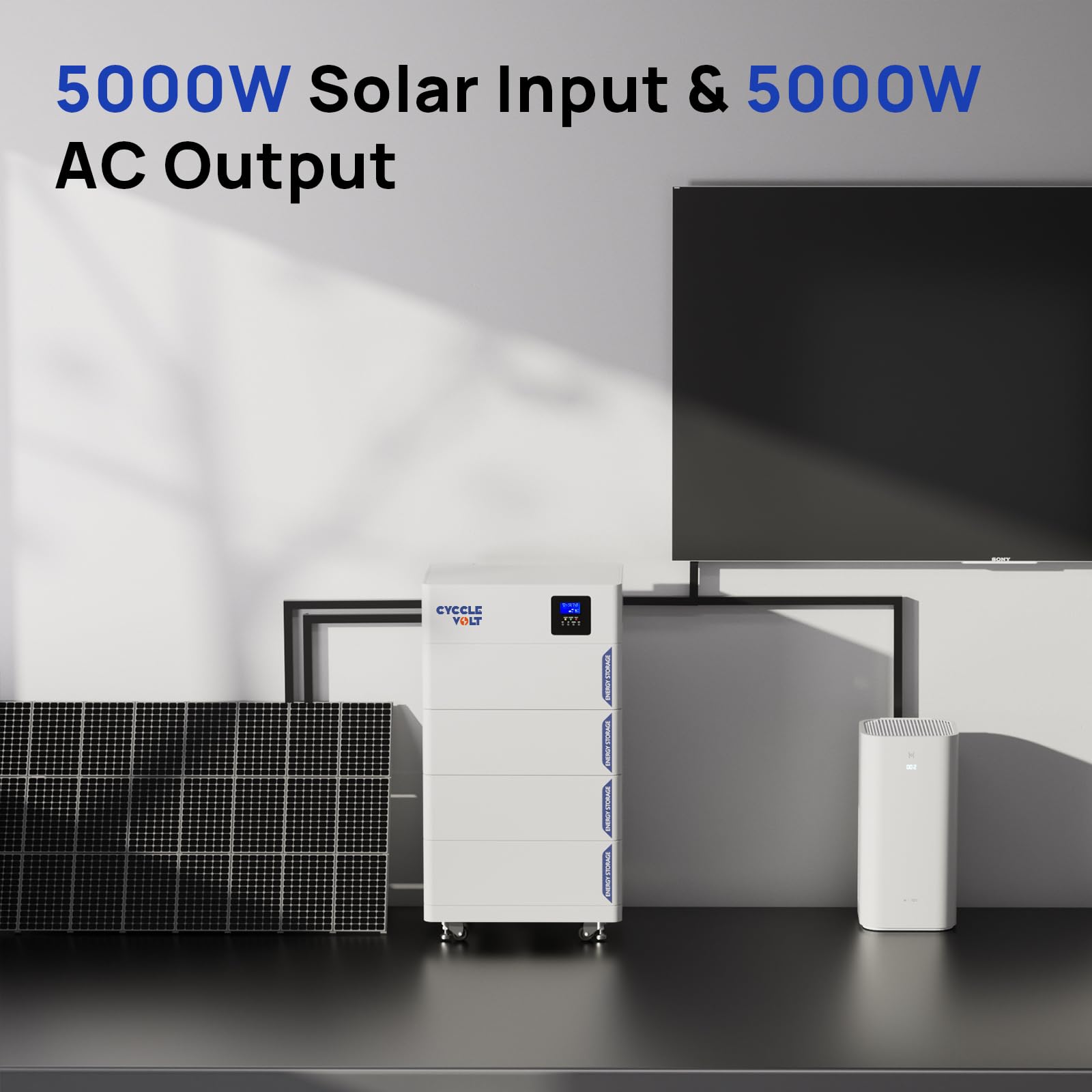CYCCELEVOLT Wechselrichter 5000W mit 5KWh LiFePO4 Batterie, 5KWh Stapelbarer PV speicher,modulare Erweiterbarkeit, LCD-Bildschirm, Klasse-A-Zellen, Perfekt für Solaranlagen,Inselanlage,balkonkraftwerk