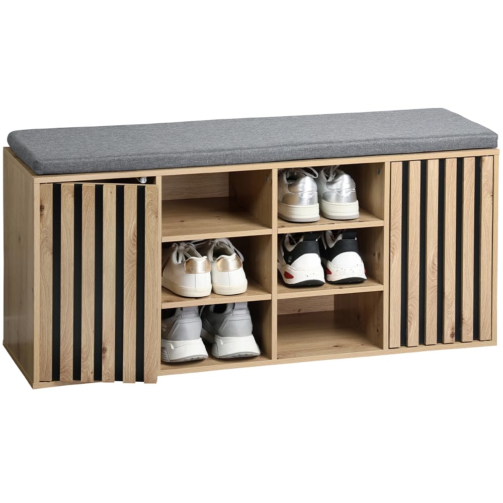 Kesper | Schuhschrank mit Sitzkissen, Material: FSC®-zertifizierte Spanplatte, Maße: B: 103 x H: 48 x T: 30,5 cm, Farbe: Sonoma Eiche Optik, Grau | 1594713