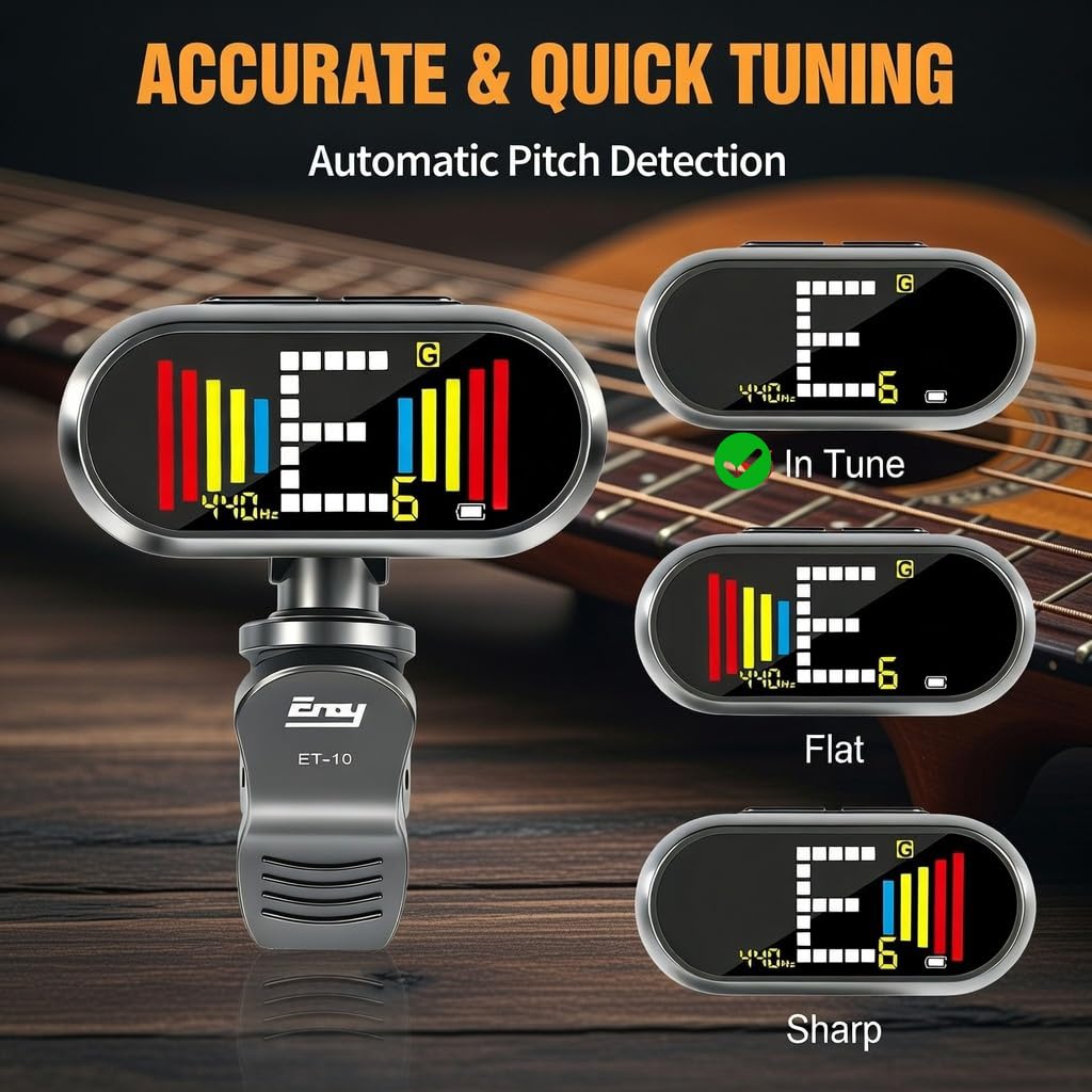 EX Afinador de guitarra profesional recargable con pantalla LCD, afinador cromático de clip para guitarra acústica, bajo, ukelele, violín y todos los instrumentos