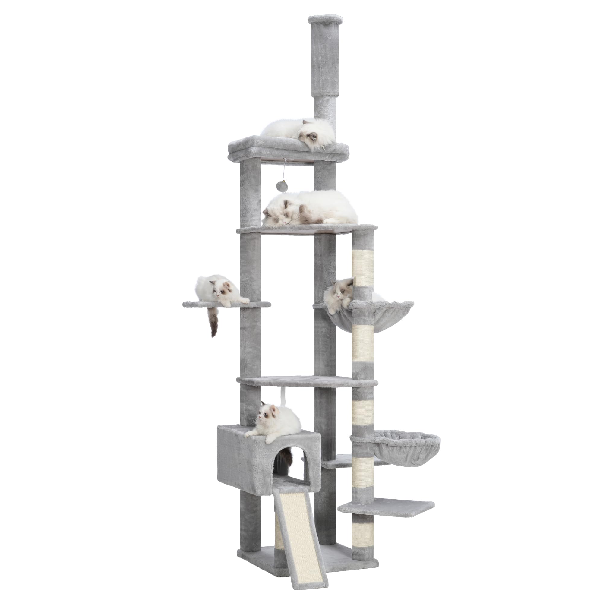 Hebly Cat Tree 92.5-104.3 Inches with hammock, Floor to Ceiling Cat Condo,Tall Cat Climbing Tower Adjustable with Scratching Posts for Indoor Cats Light Gary HCT091W