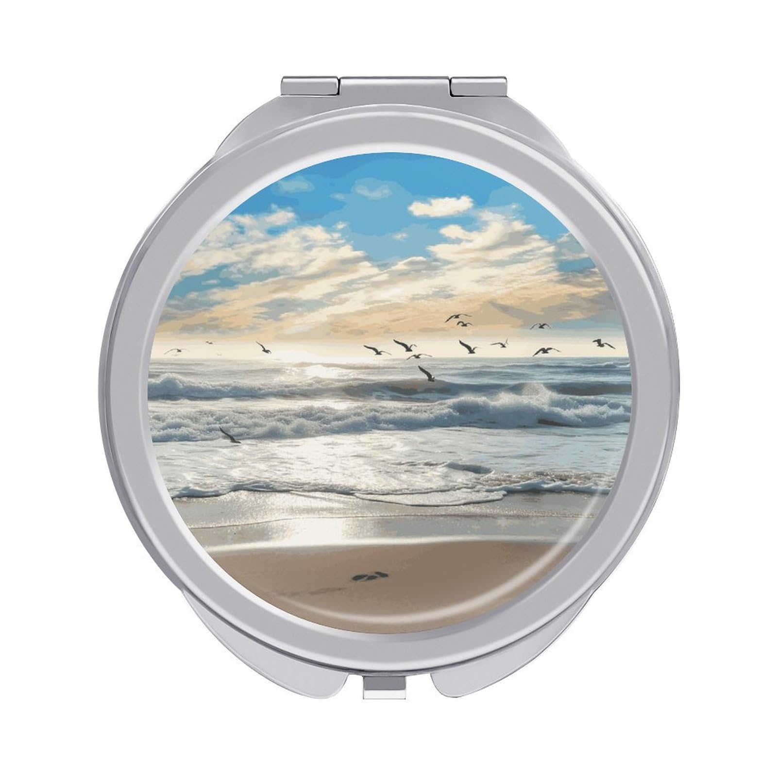 FekiLoot Waves on The Beach with Sea Birds Travel Makeup Mirror 2 X /1 X Magnifying Slim Pocket Mirrors Compact for Purse Travel Makeup Mirrors for Pocket, Handbag, Purse Women Gift