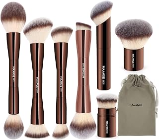 MAANGE 7pcs Double-Sided Kabuki Makeup Brush Set for Flawless Foundation, Contour, Blending & Bronzer - Coffee (4 Double-Ended Brushes + Velvet Bag)