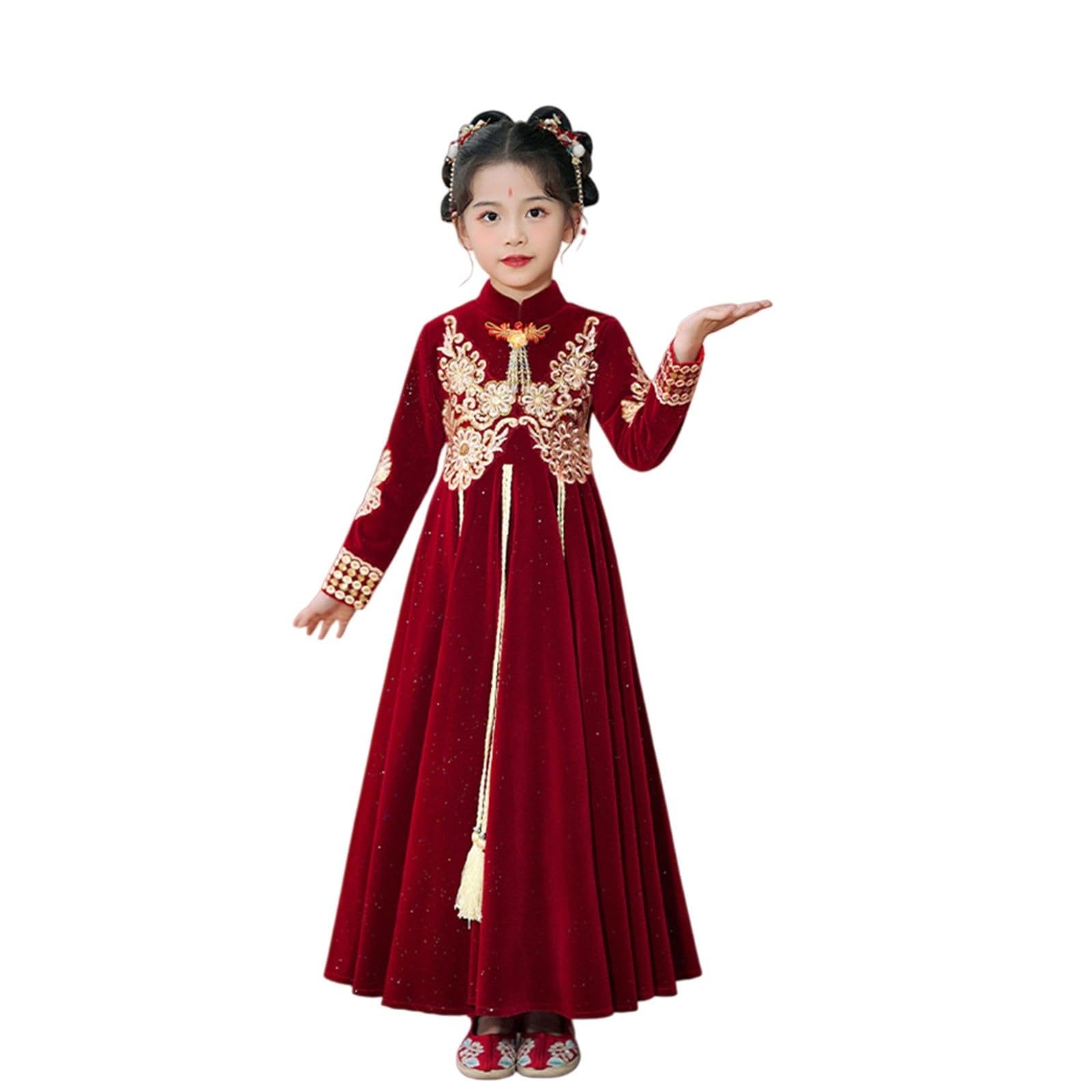 Girls Retro Dresses Prints Long Sleeve Turtleneck Tassels High Waist A-Lined Swing Princess Dress 3 to 16 Years