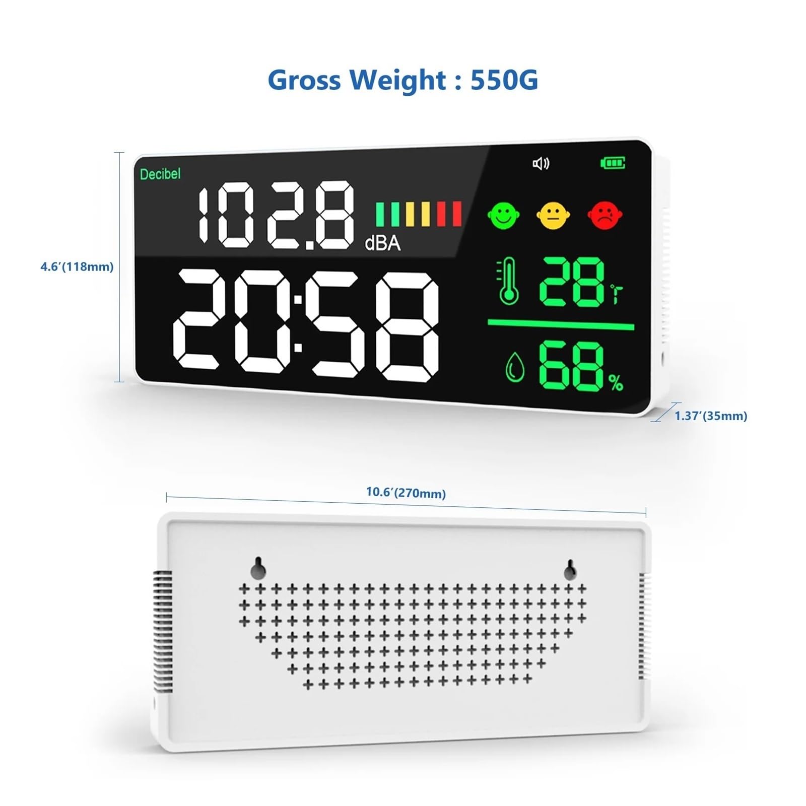 Medidor Digital de decibelios 4 en 1 para Pared, medidor de Nivel de Sonido con Rango de 30 a 130 dB, Pantalla LED Grande de 11 Pulgadas, multifunción.