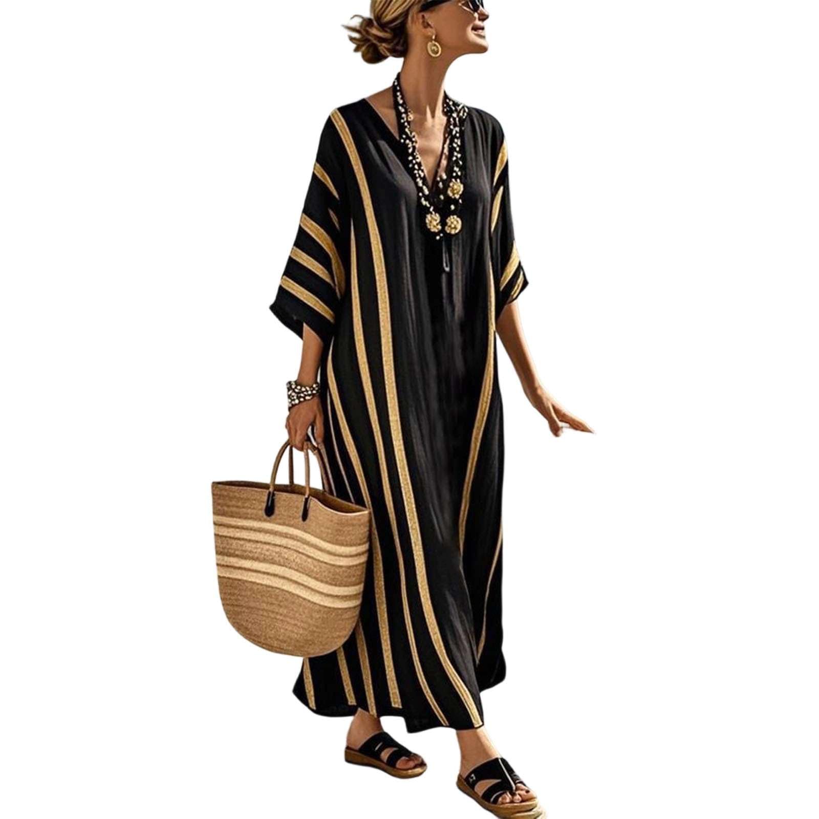 Abito Estivi Donna Lino Vestito - Abiti Lungo Elegante Boho Chic Kaftan Marocchino Copricostume Mare Spiaggia Curvy Taglie Forti Abbigliamento Leggero Eleganti Casual Dress con Tasche
