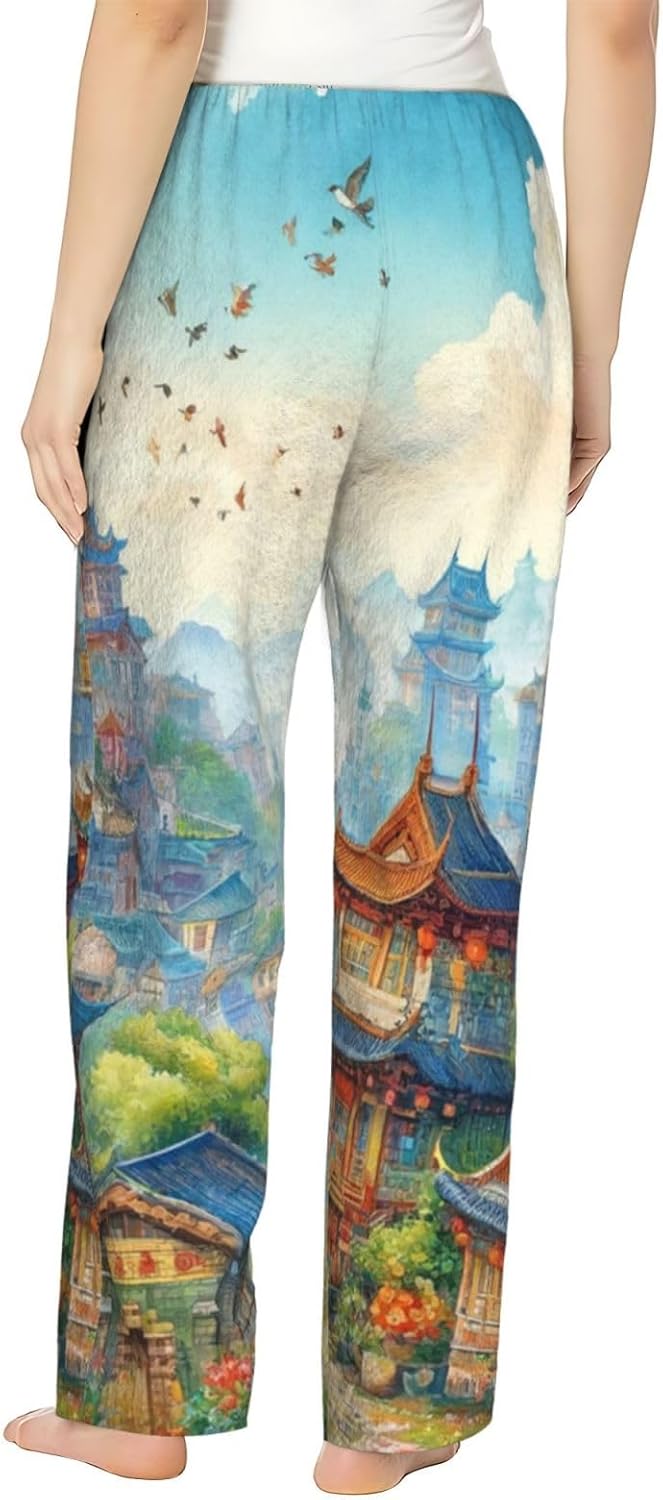 Women'S Cartoon-Ancient-Pagodas Fleece Pajama Pants, Cozy Flannel Lounge Bottoms For Women