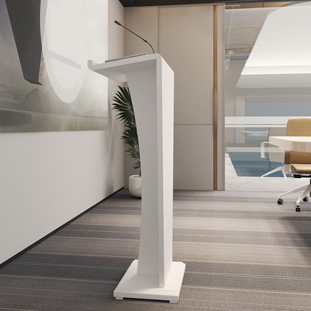 Minimalistisches Podium aus Holz, 114,3 cm, gebogen, bodenstehend, Kanzel für Präsentationen, Hochzeiten und Schulen, eleganter weißer Sockel für Büro