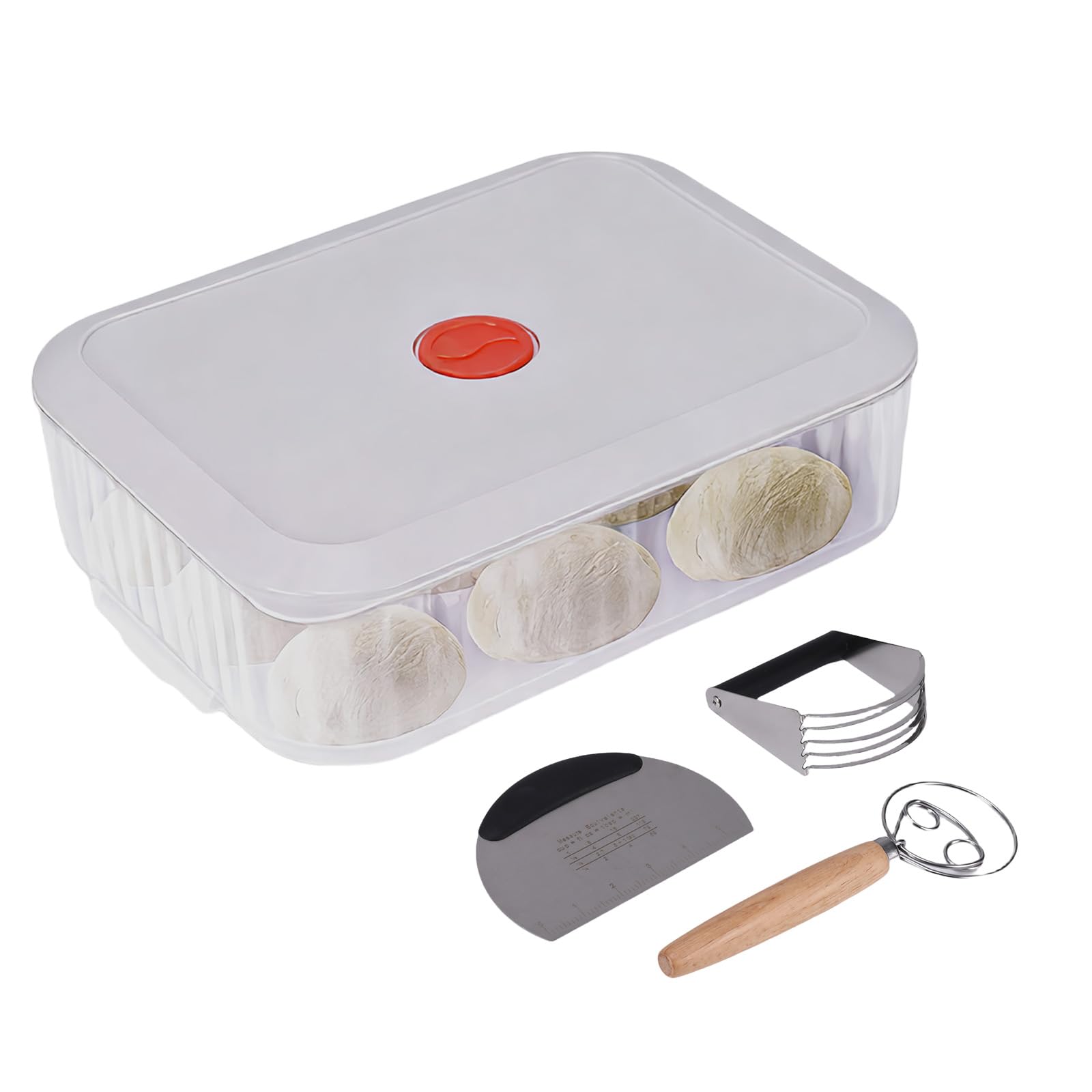 Pizzateig Box mit Deckel 31 x 23 x 9 cm, Backset mit 3 Helfern | Transparenter Teigbehälter zeigt die Teigentwicklung und ergänzt das Vorbereiten von Pizza oder Brot mit drei Backhelfern.