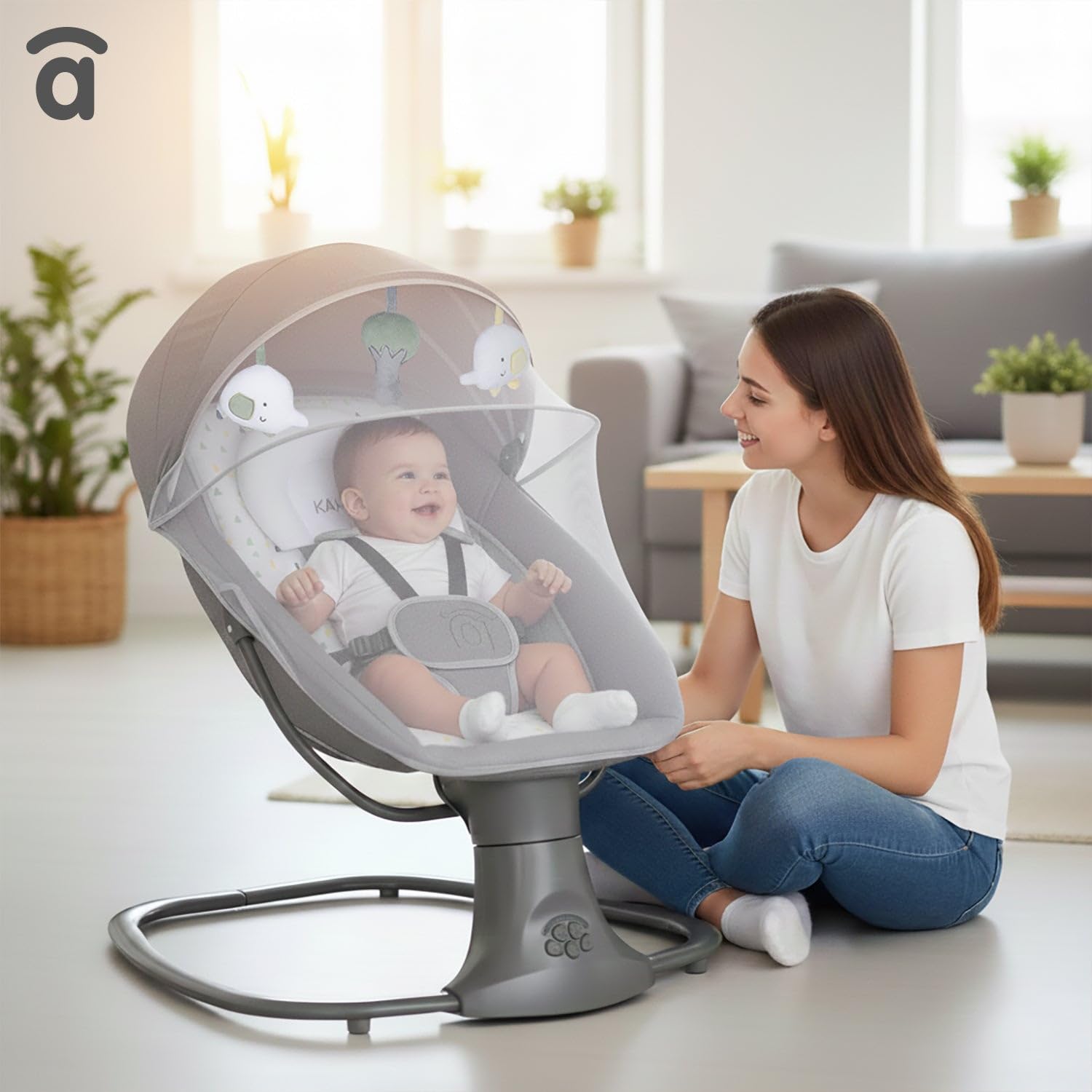 Amaca a dondolo con musica Bluetooth oscillazione automatica 5 livelli tettuccio zanzariera giocattolo poggiatesta 0 mesi 9 kg tessuto lavabile
