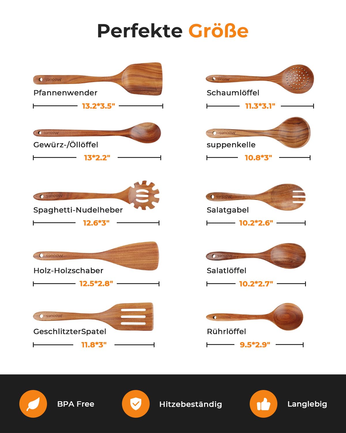 Mooues Kochlöffel Holz Set 10 Stück+ Pizzaschieber Aluminium mit Faltbarer Griff