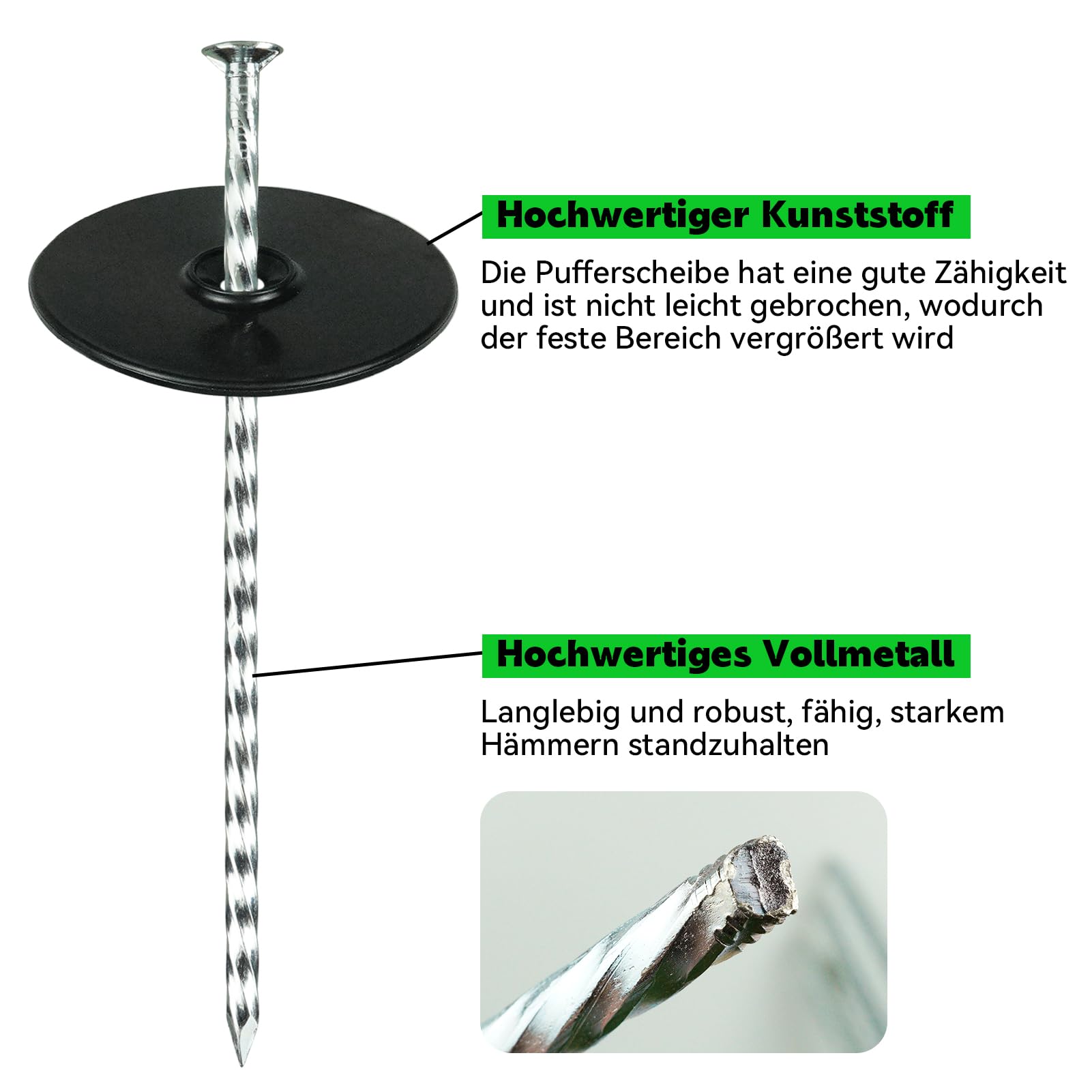 Anclaje de tierra de 15 cm, 100 unidades, galvanizado, con arandelas, para jardín | Anclaje de suelo en espiral para césped artificial, tela de suelo y película para plantas con agarre seguro en exteriores.