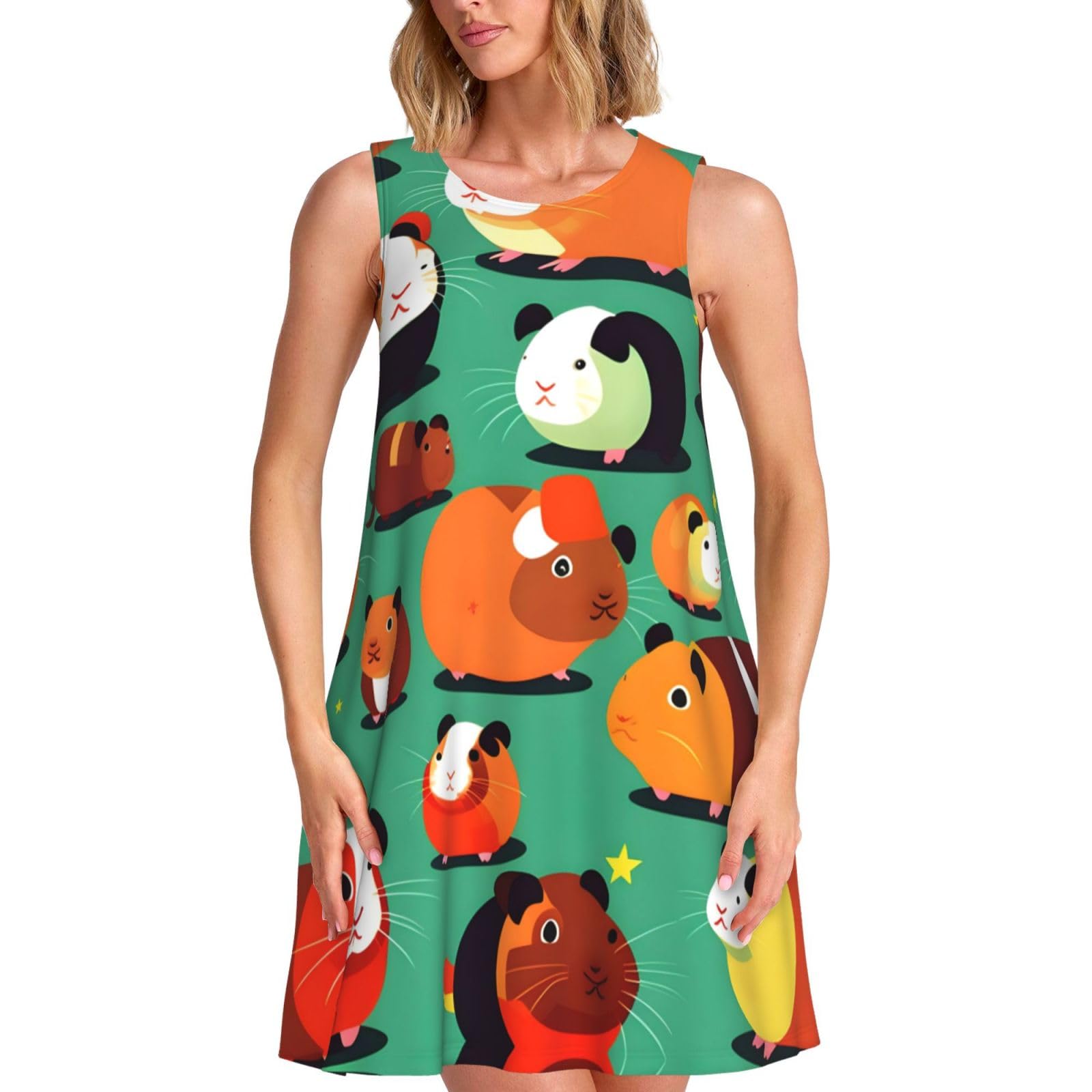 Yqxwjl Women's Black Cute Guinea Pig Print Stylish Summer Dress For ,Sleeveless A-Line Sundress With Pockets, For Beach Vacation, M