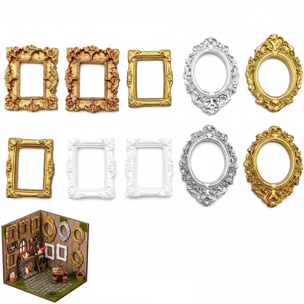 DAQUN 10 Pcs Mini Photo Frame Set, 5 Different Vintage Designs, Mixed Metal Finish for Dollhouse & Creative Projects