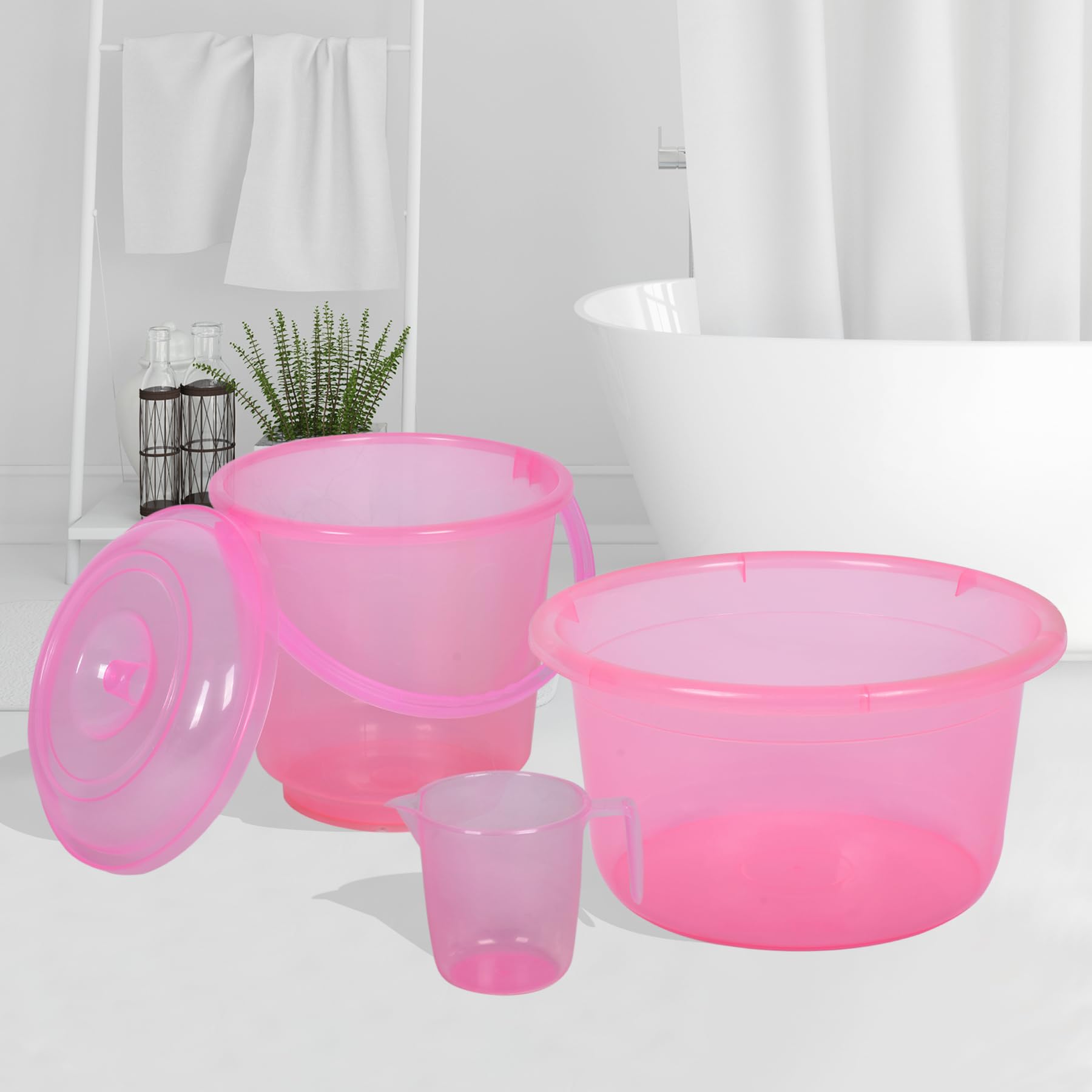 Kuber Industries Set of 3 Bathroom Combo Set - Tub-25 L with Bucket-13 L & Mug-1100 ml Bathing Set for Bathroom Transparent Pink