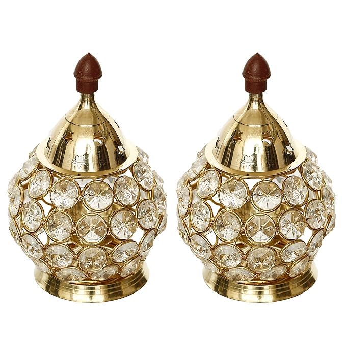 Image of Brass Diwali Diya Crystal Oil Lamp 6 and 5 Inch Pack of 2| Akhand Diya for Pooja, Mandir & Home Dcor | Borosilicate Glass Batti Lamp with Wick Holder & Golden Lid | Light for Festive & Gifting