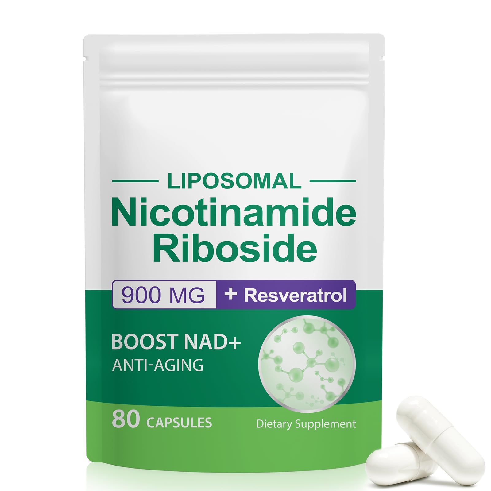 Liposomal Nicotinamide Riboside, 900mg Resveratrol NAD+ Supplement NMN Supplement Alternative for Women and Men, NAD Supplement for Anti-Aging, Energy, Focus - 80 Capsules