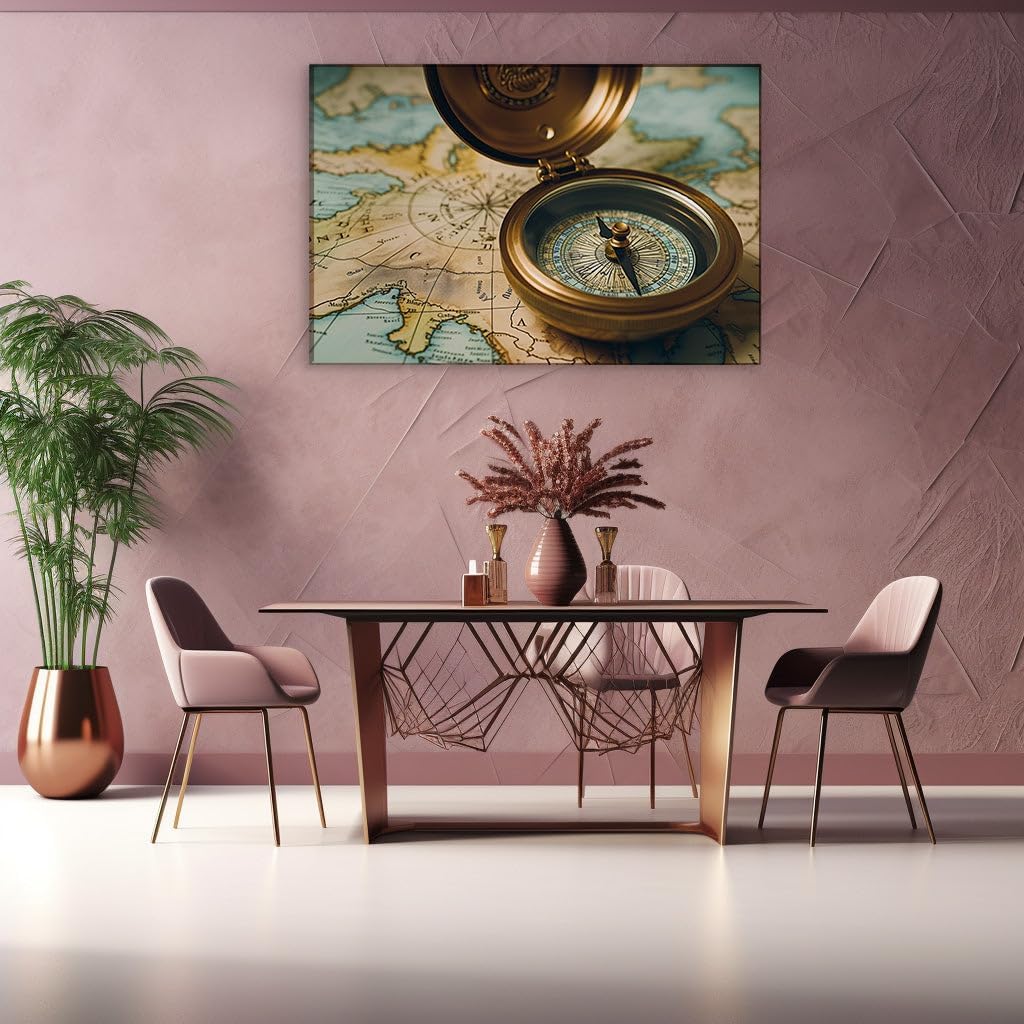 Vintage Compass and Map - A Tribute to Timeless Exploration and Adventure Large, Decor, Office, Bedroom Wall. Size: 130x86 cm (51x34 inch) Canvas Wall Art - Retro Home Decor - 69x46 cm (27x18 inch)