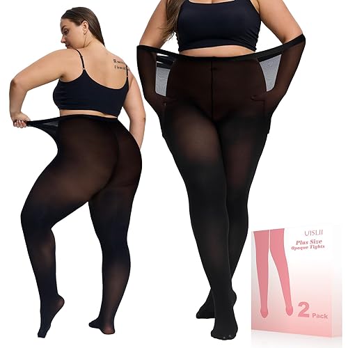 UISLII Plus Size Tights for Women,2 pairs 80D Semi Opaque Tights women,Solid Color Soft High Waist Stockings Size Up to 6XL. - Black - 3X-Large-4X-Large